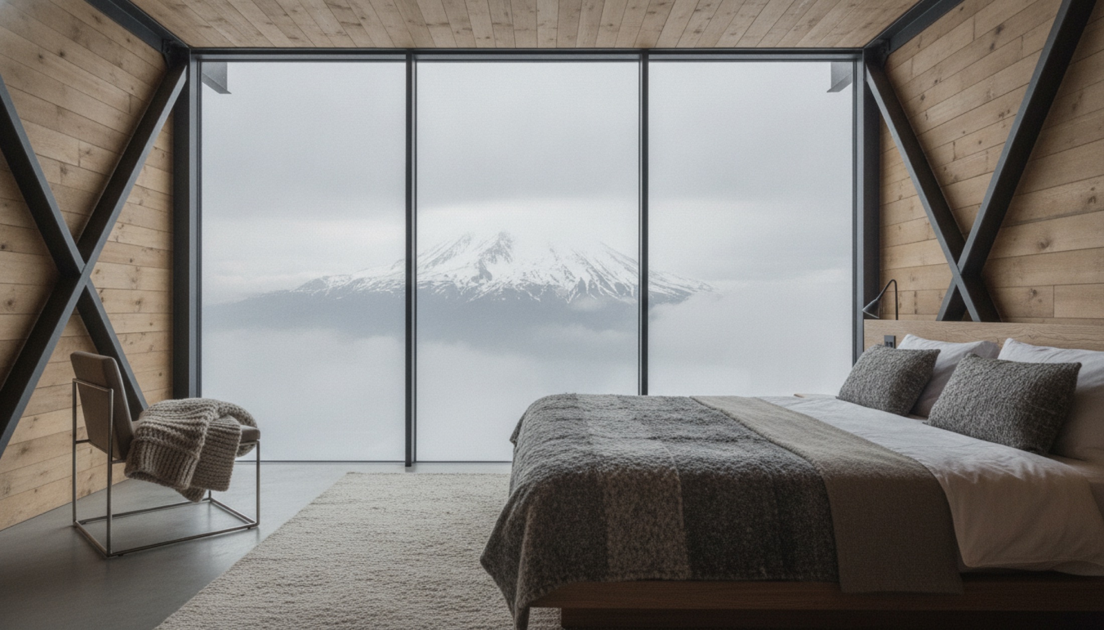 Rooms Kazbegi'nin camdan Kazbek Dağı'na bakan minimalist oda iç mekânı