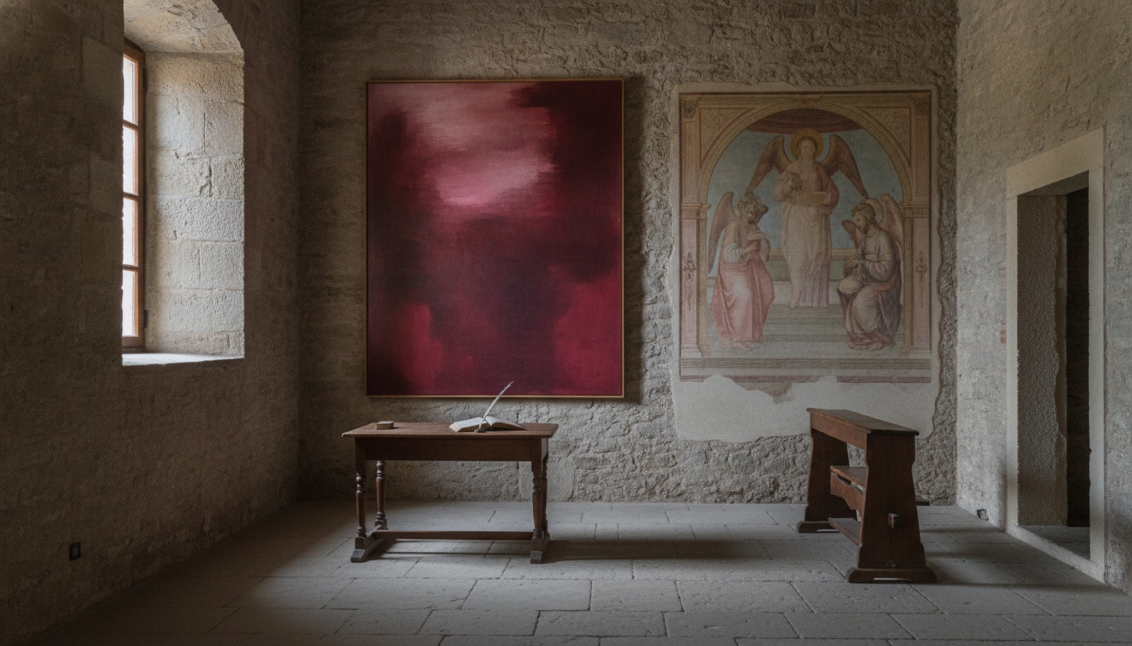 Floransa'da Museo di San Marco'nun manastır hücrelerinden birinde Fra Angelico freski ile Rothko renk alan tablosunun yan yana görüntüsü