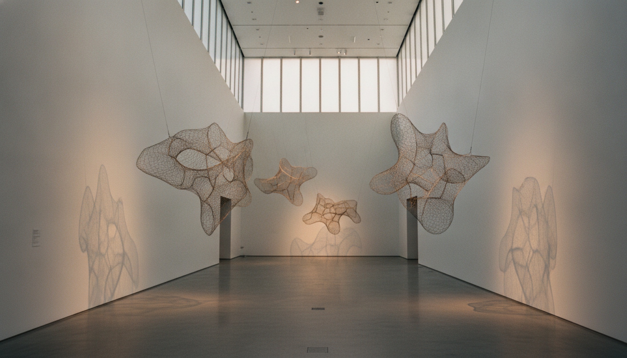 Guggenheim Bilbao müzesi galerisinde tavandan sarkıtılmış tel heykel silüetleri ve gölgeleri
