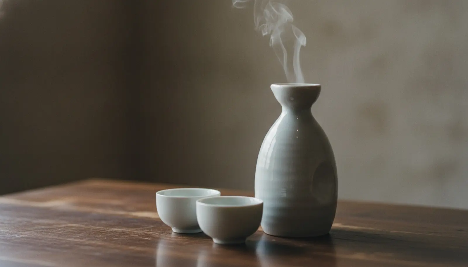 Geleneksel Japon sake tokkuri testisi ve iki küçük seramik fincan, koyu tahta üzerinde yumuşak yan ışıkla