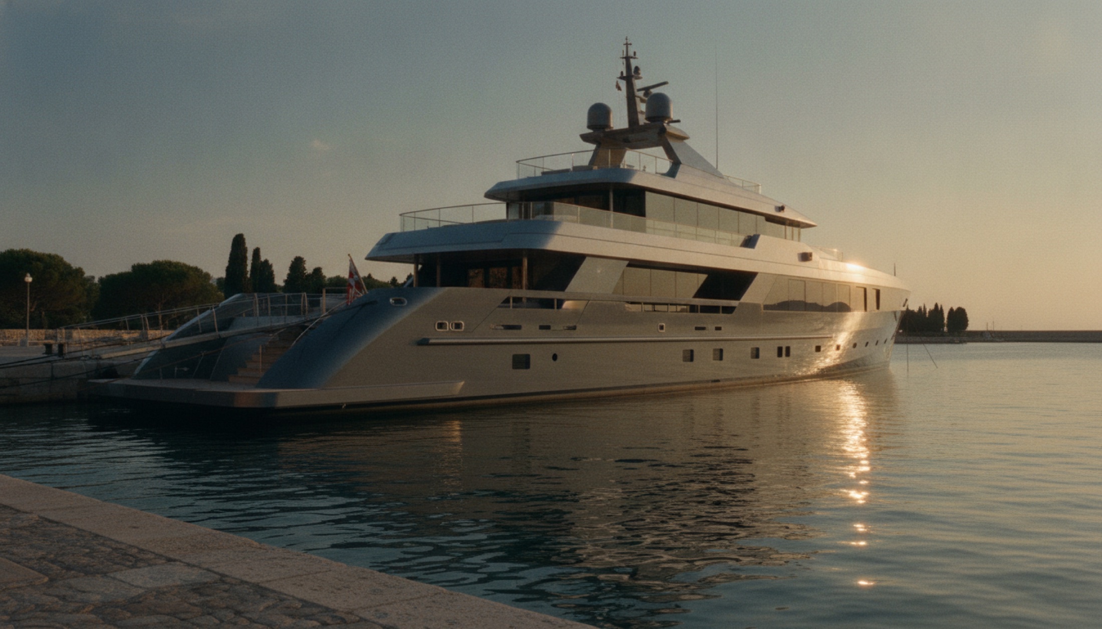 Sanlorenzo 74Steel Virtuosity, 73 metrelik mega yat, Akdeniz limanında kıç tarafından görünüş