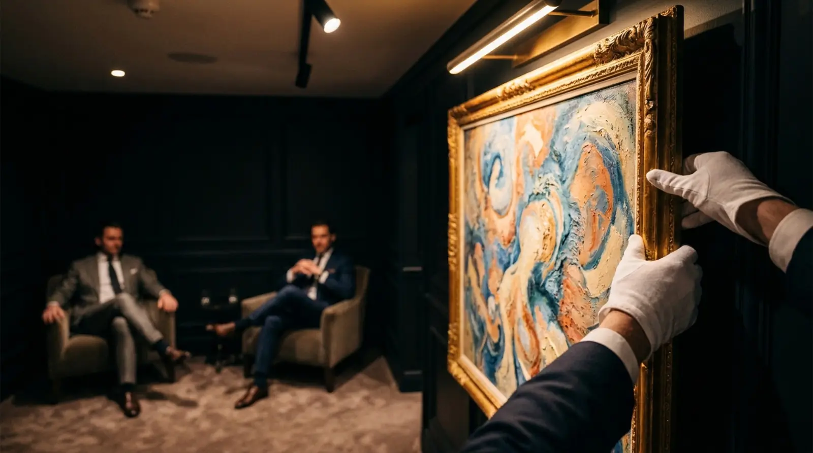 Eldivenli eller bir tablonun çerçevesini tutuyor, galeri ışığı