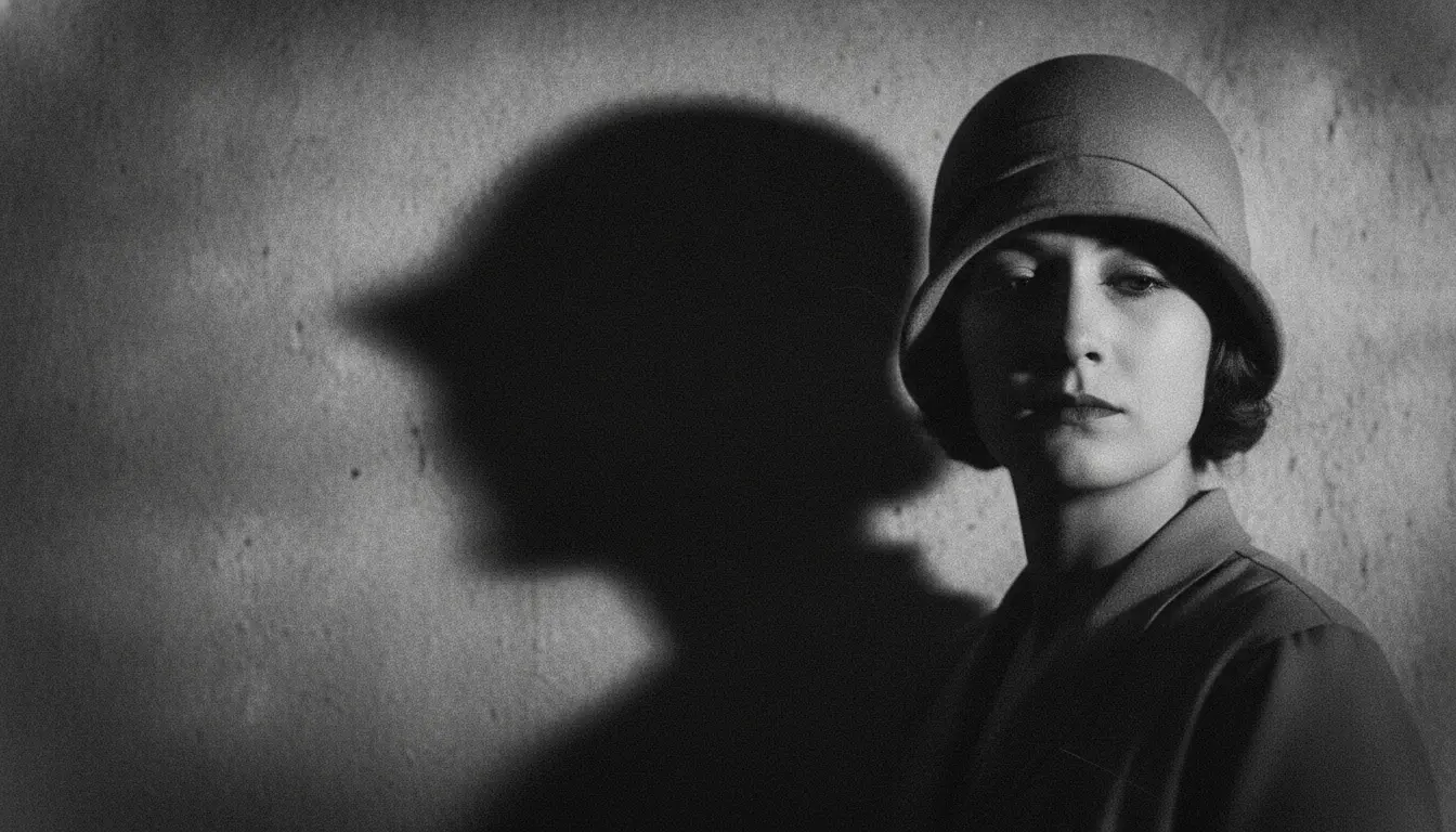 1920'lerden bir sessiz film karesi: Bir kadının gölgesi boş bir duvarda devleşirken, yüzündeki ifade ışığın kavisleriyle okunuyor.