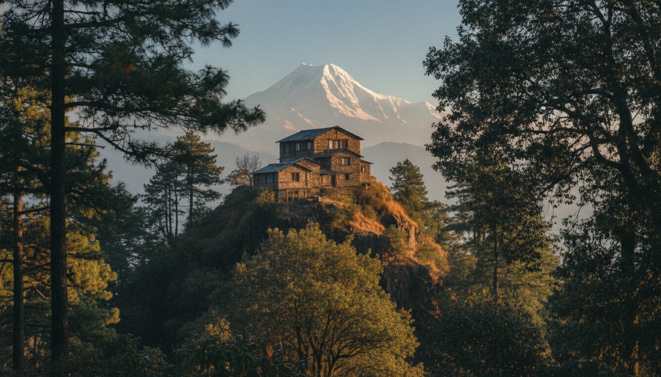 Kumaon Himalayaları'nda Nanda Devi sırtları önünde taş ve ahşap Shakti Prana Lodge