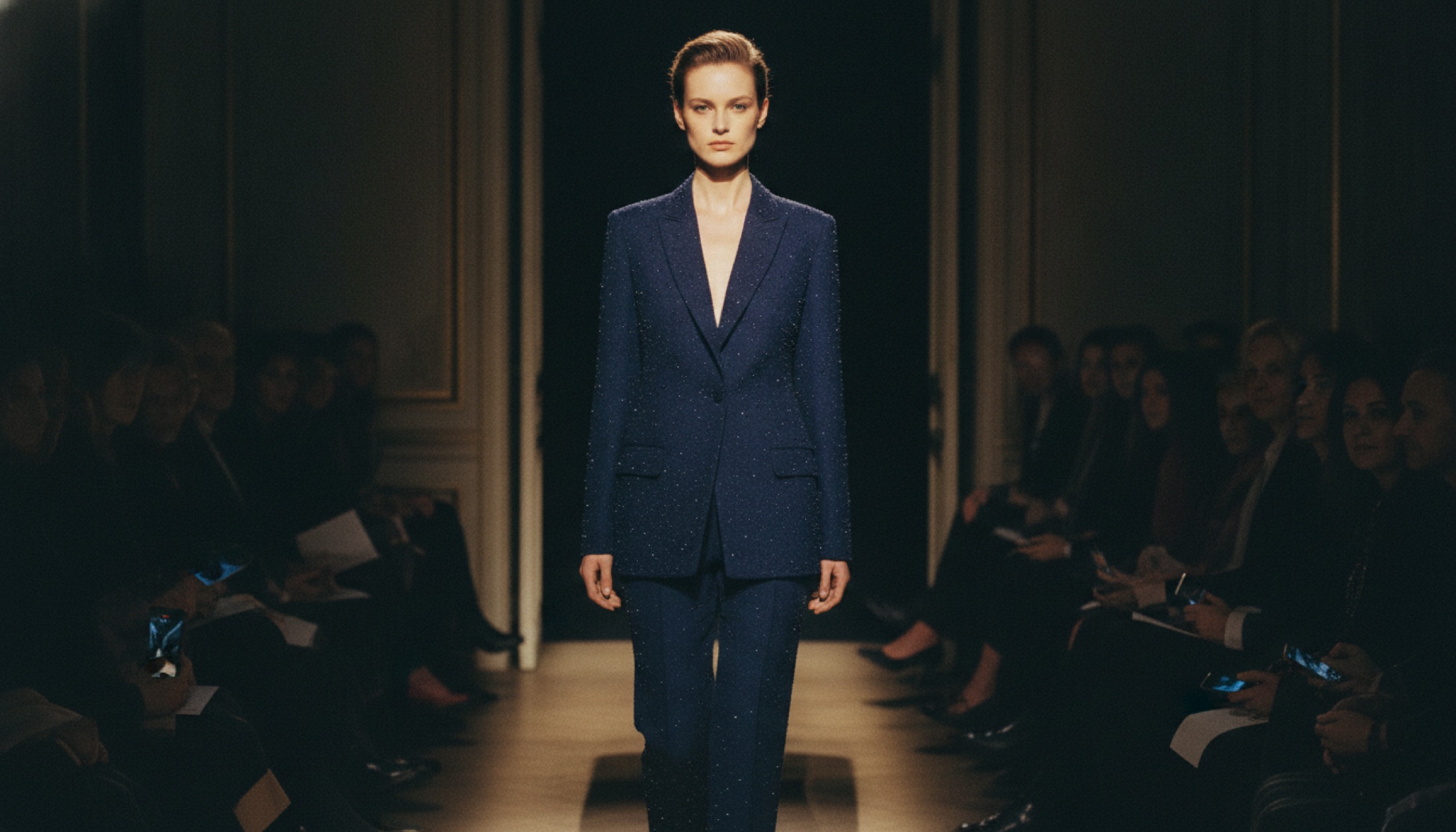 Armani Privé Fall 2026 Couture pistte lacivert boncuklu akşam pantolon takımı