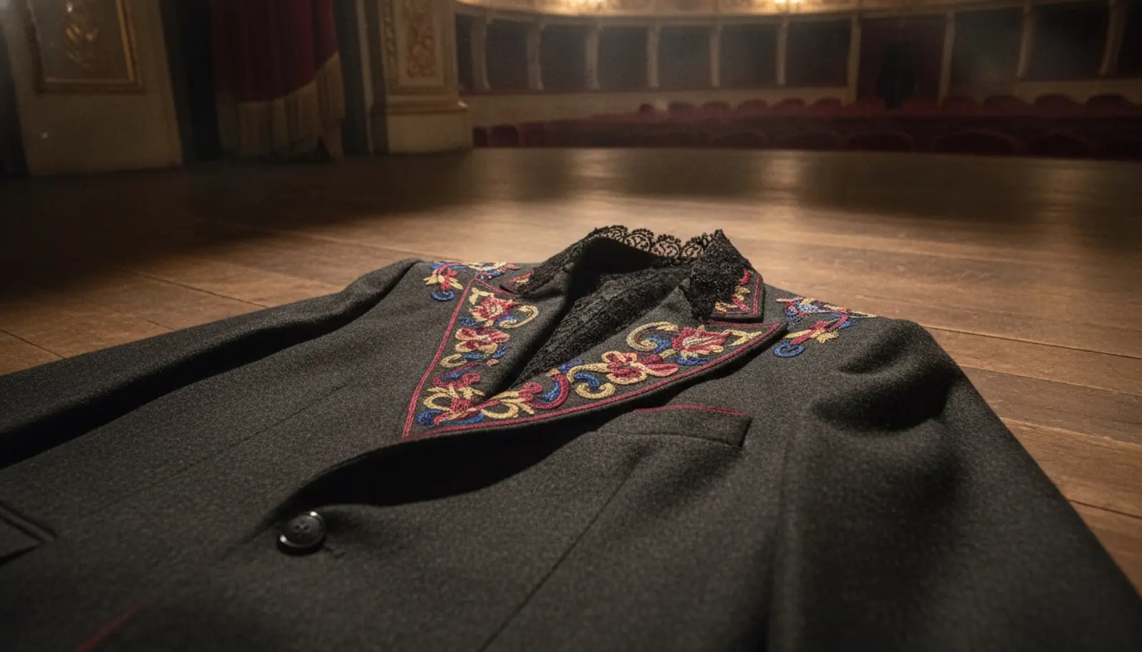 Teatro della Pergola ışığında dantel yakası olan yapılandırılmış bir ceket detayı