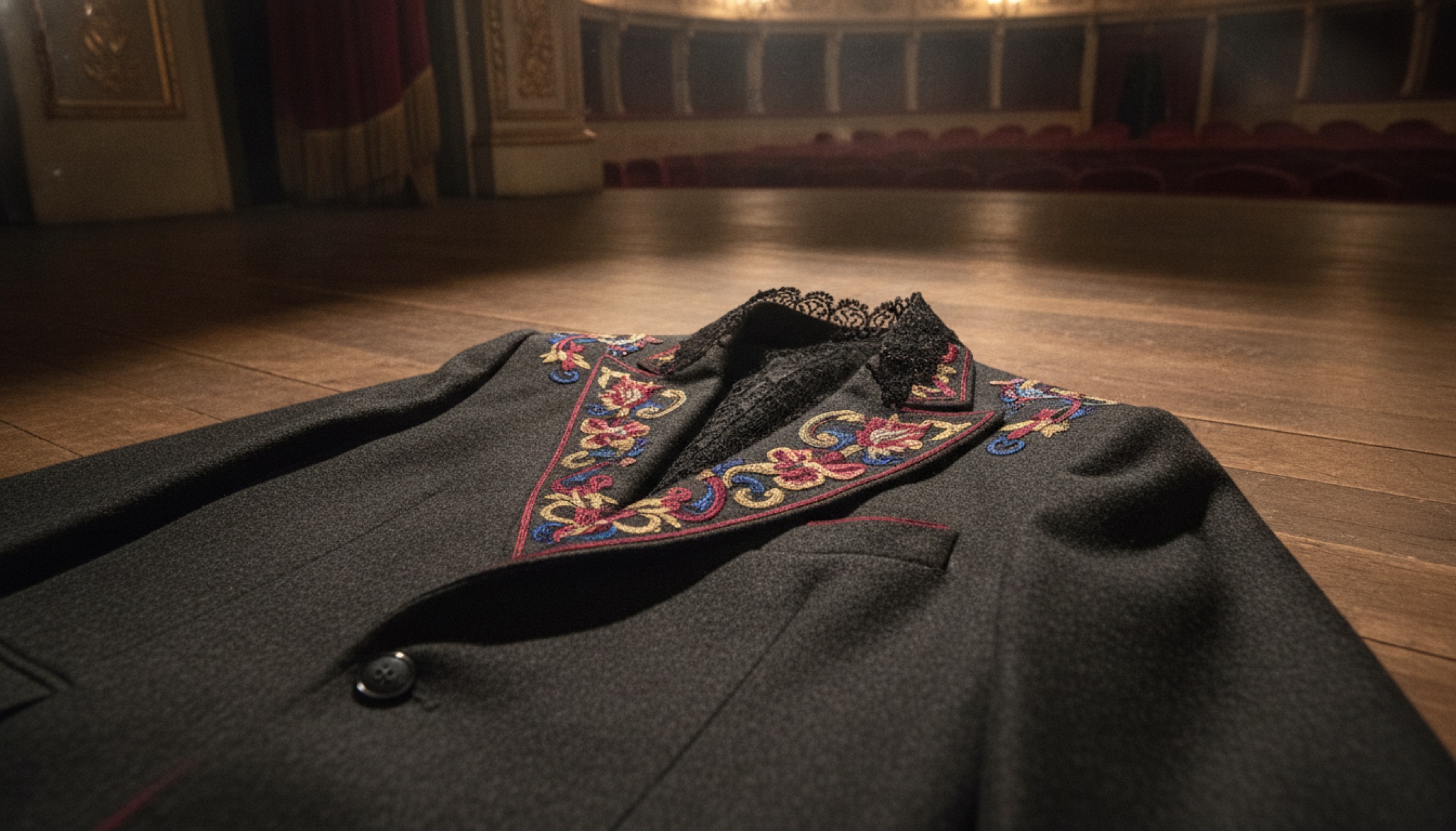 Teatro della Pergola ışığında dantel yakası olan yapılandırılmış bir ceket detayı