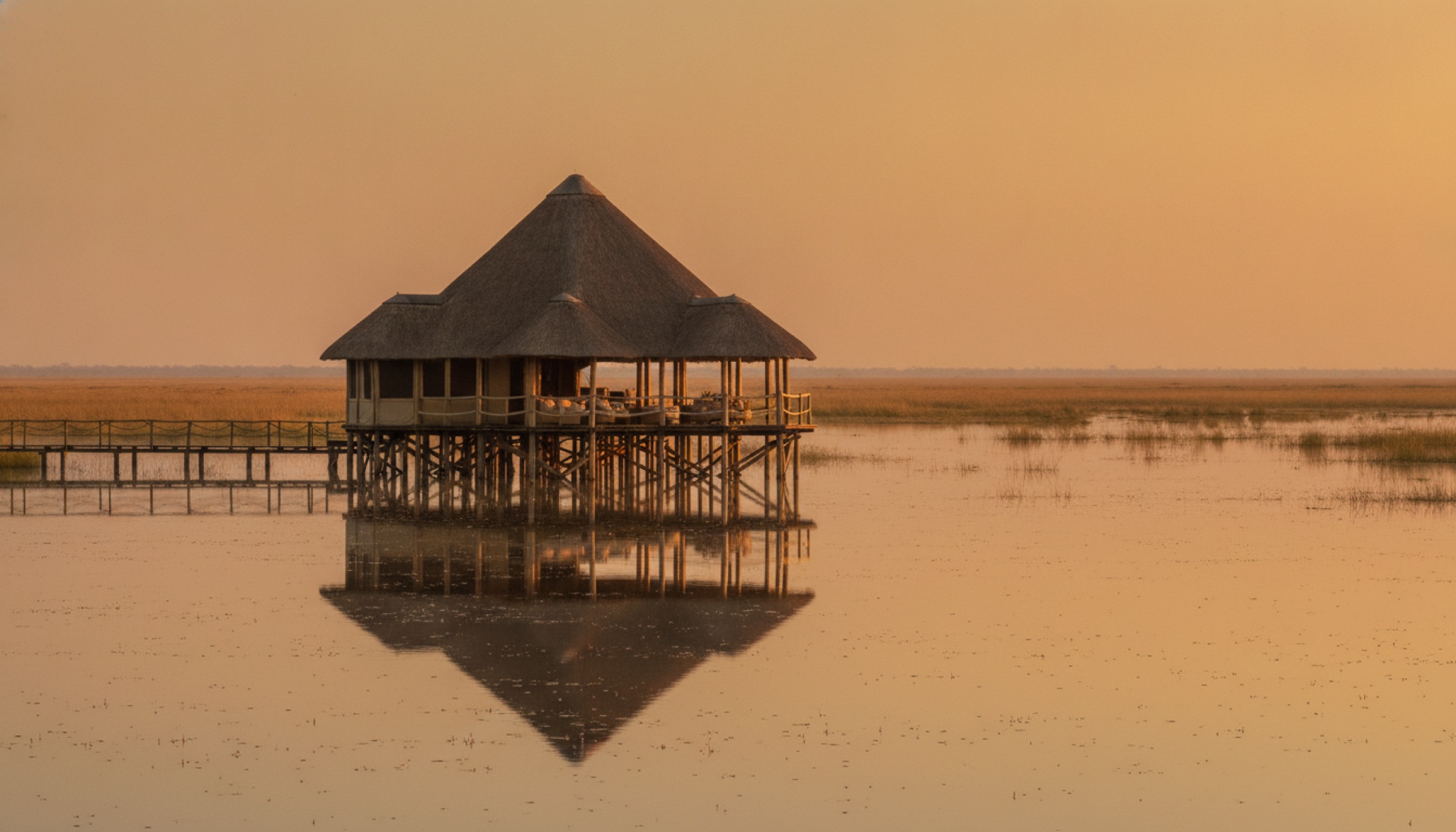 Okavango Deltası'nın taşkın ovasında kazıklar üzerinde yükselen dairesel safari kampı, şafak ışığında geniş görünüm