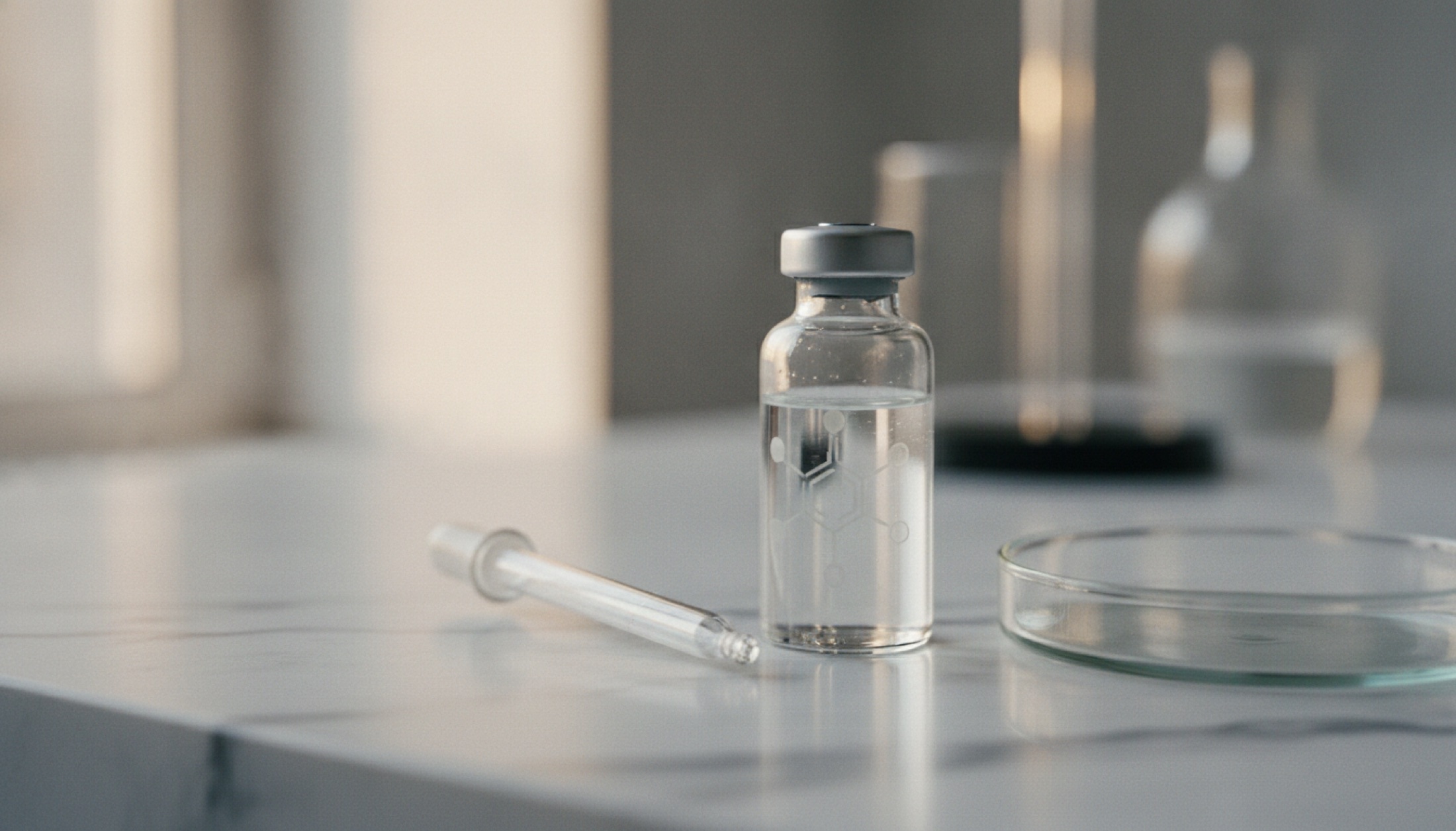 Klinik araştırma estetiğinde bir serum şişesi, mermer zemin üzerinde laboratuvar detayı