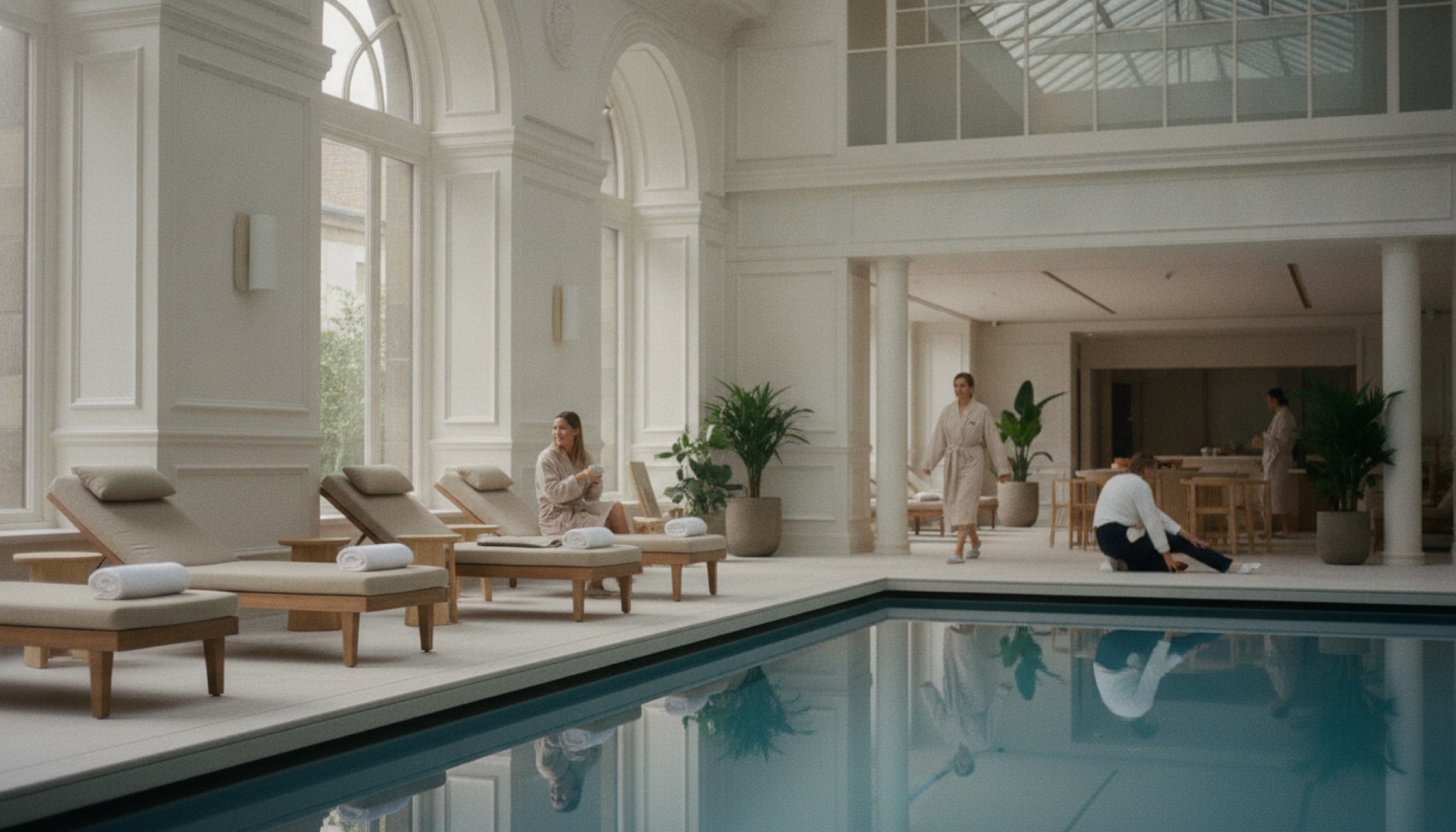 The Whiteley'nin tarihi çatı camından süzülen ışık altında otel koridoru