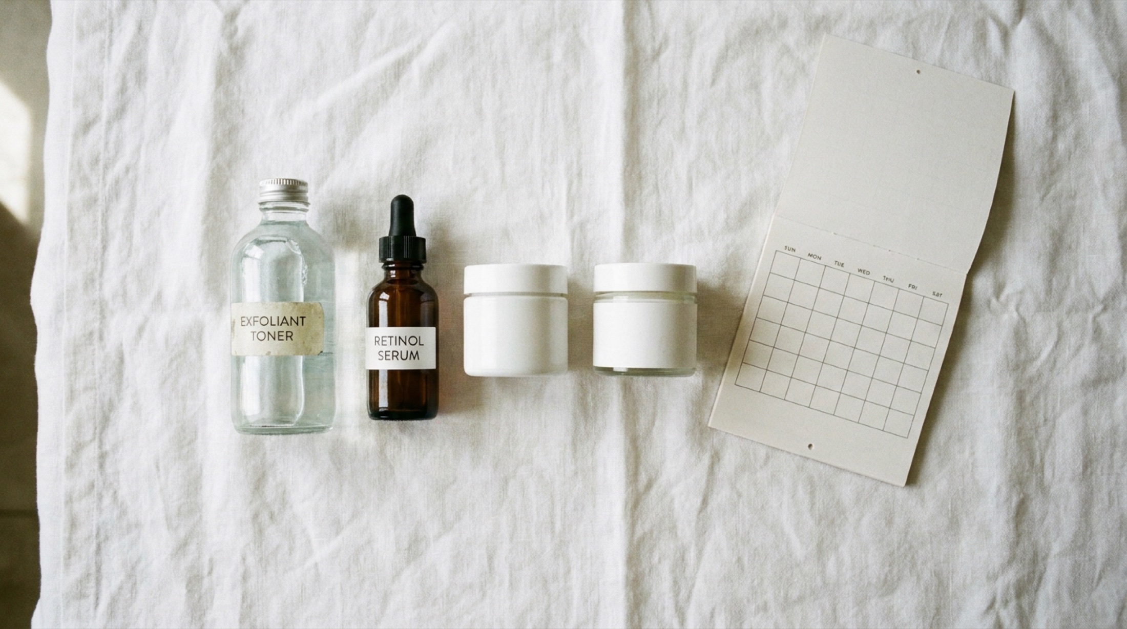 Dört gecelik skin cycling ürün düzeni — eksfolian, retinoid ve bariyer bakımı