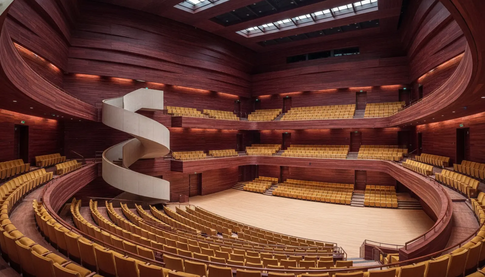Snøhetta'nın Şangay Büyük Opera Binası'nın kırmızı meşe kaplı iç mekânı