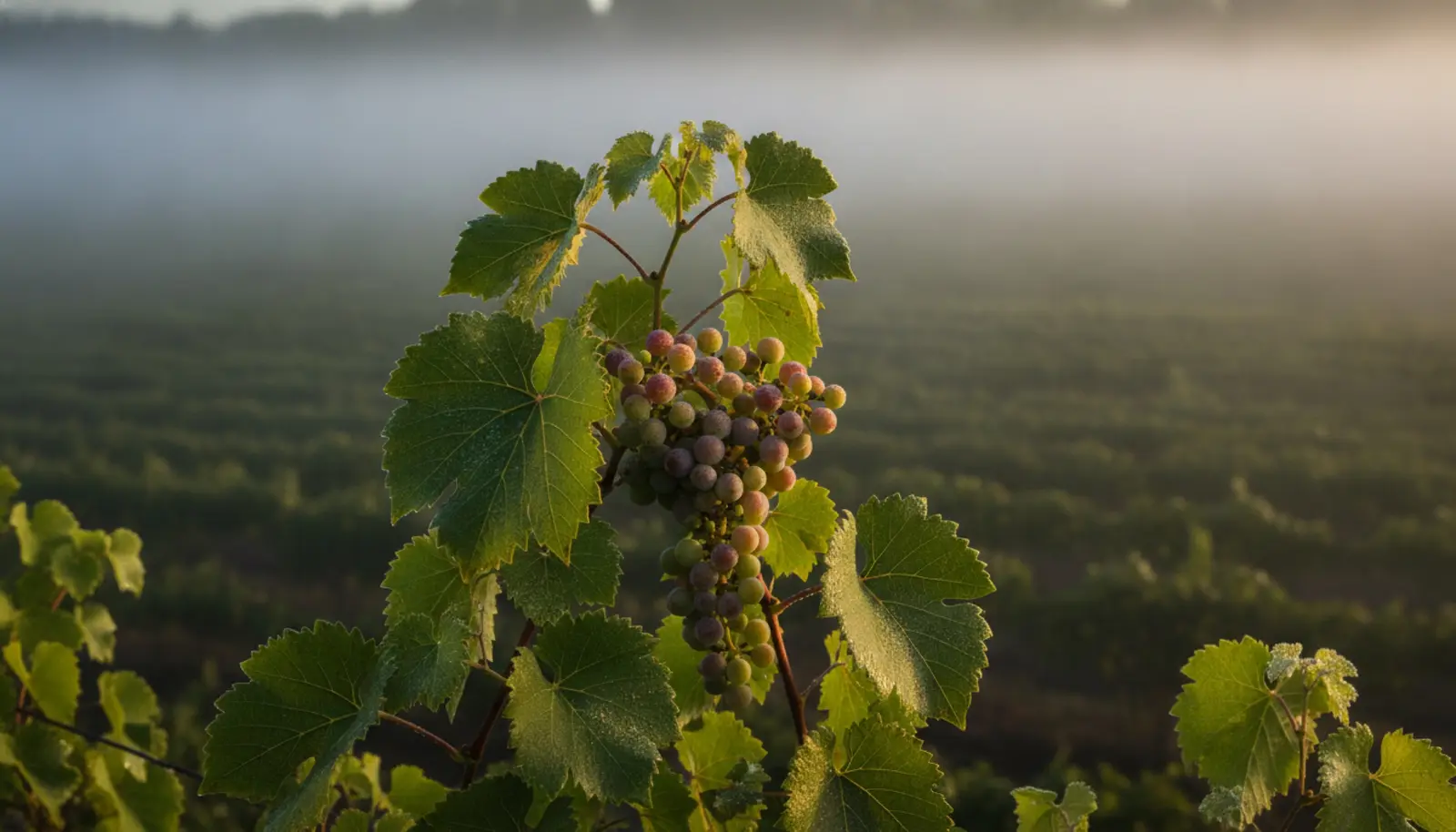 Russian River Valley'de sabah sisinde seyrek Pinot Noir salkımı, Sonoma 2026 erken hasadı