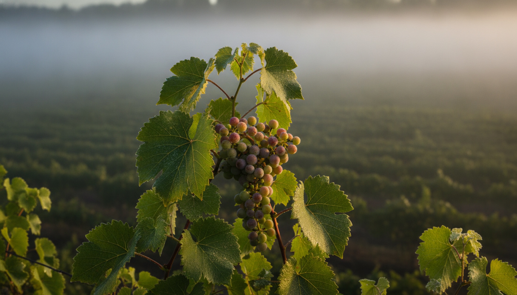 Russian River Valley'de sabah sisinde seyrek Pinot Noir salkımı, Sonoma 2026 erken hasadı
