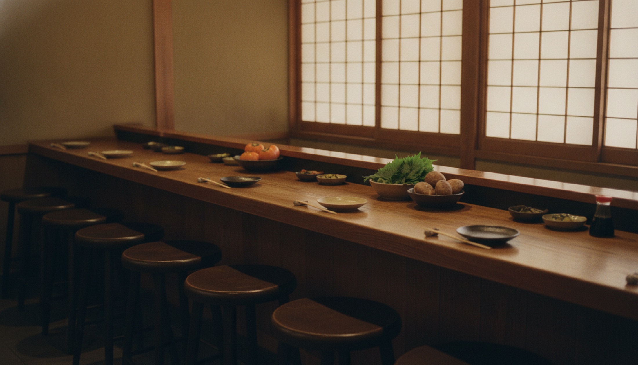 Kyoto'daki SoNoMa by SingleThread restoranının on iki koltuklu tezgahı; mevsimlik sebzeler ahşap satıhta sıralanmış