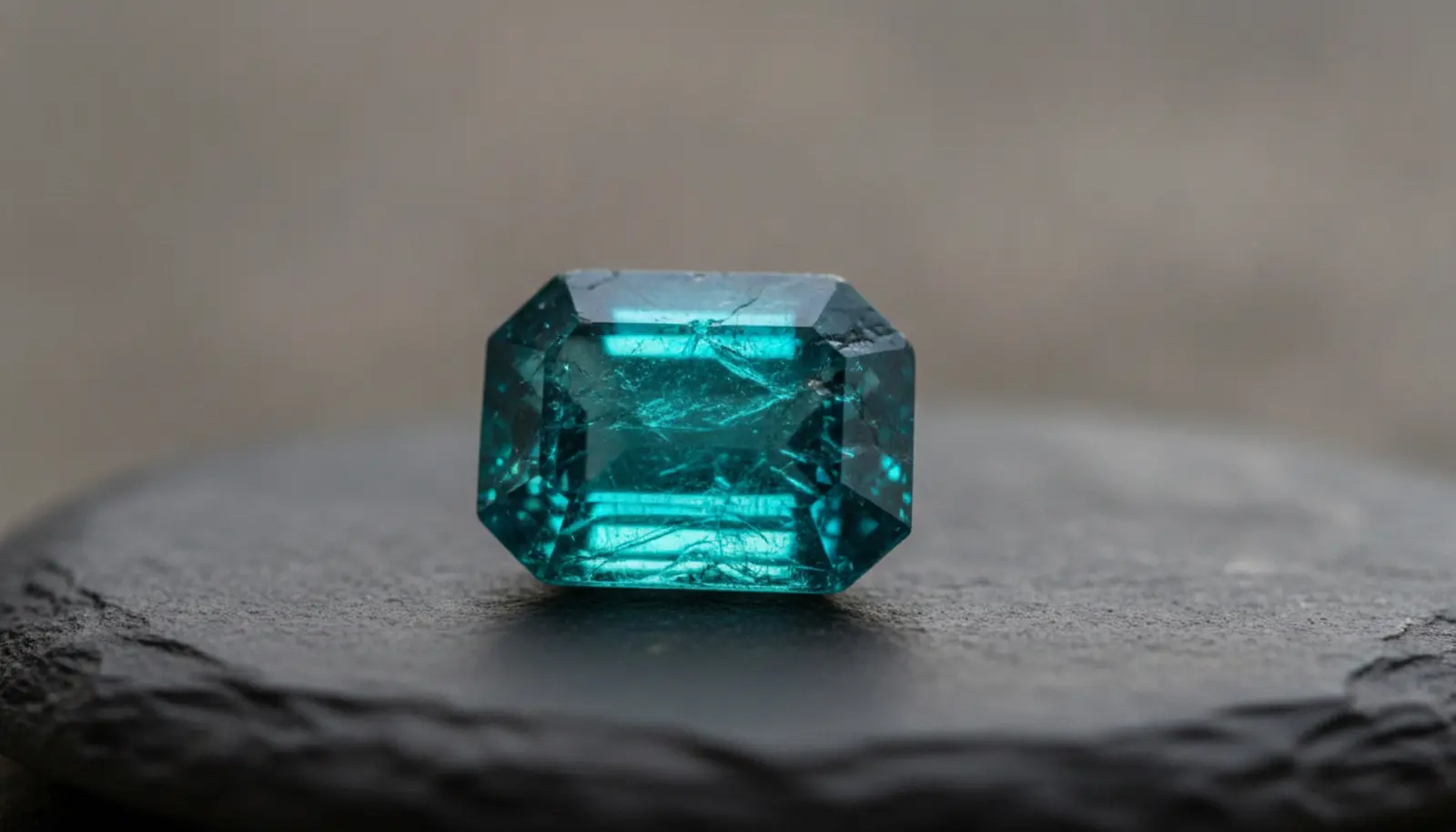 Sotheby's Haziran 2026 müzayedesinde satılan Paraíba turmalin koleksiyonundan bir taşın yakın çekimi, neon mavi-yeşil rengiyle.