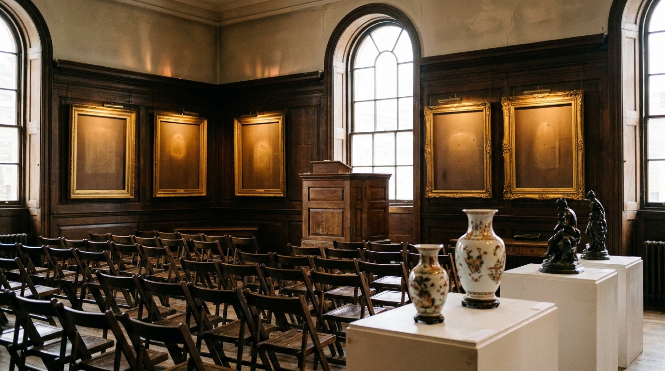 Sotheby's London müzayede salonunun genel görünümü: boş sandalyeler, beyaz pedestaller üzerinde duran eserlerin siluetleri, ön sıradaki açık artırma masası