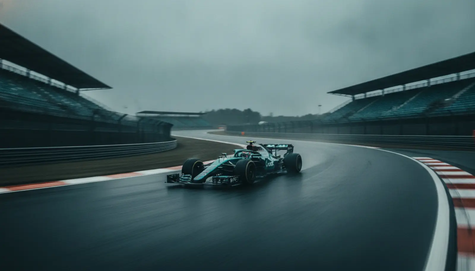 Spa-Francorchamps'ta Raidillon virajını geçen bir Formula 1 aracının dramatik düşük açı görüntüsü