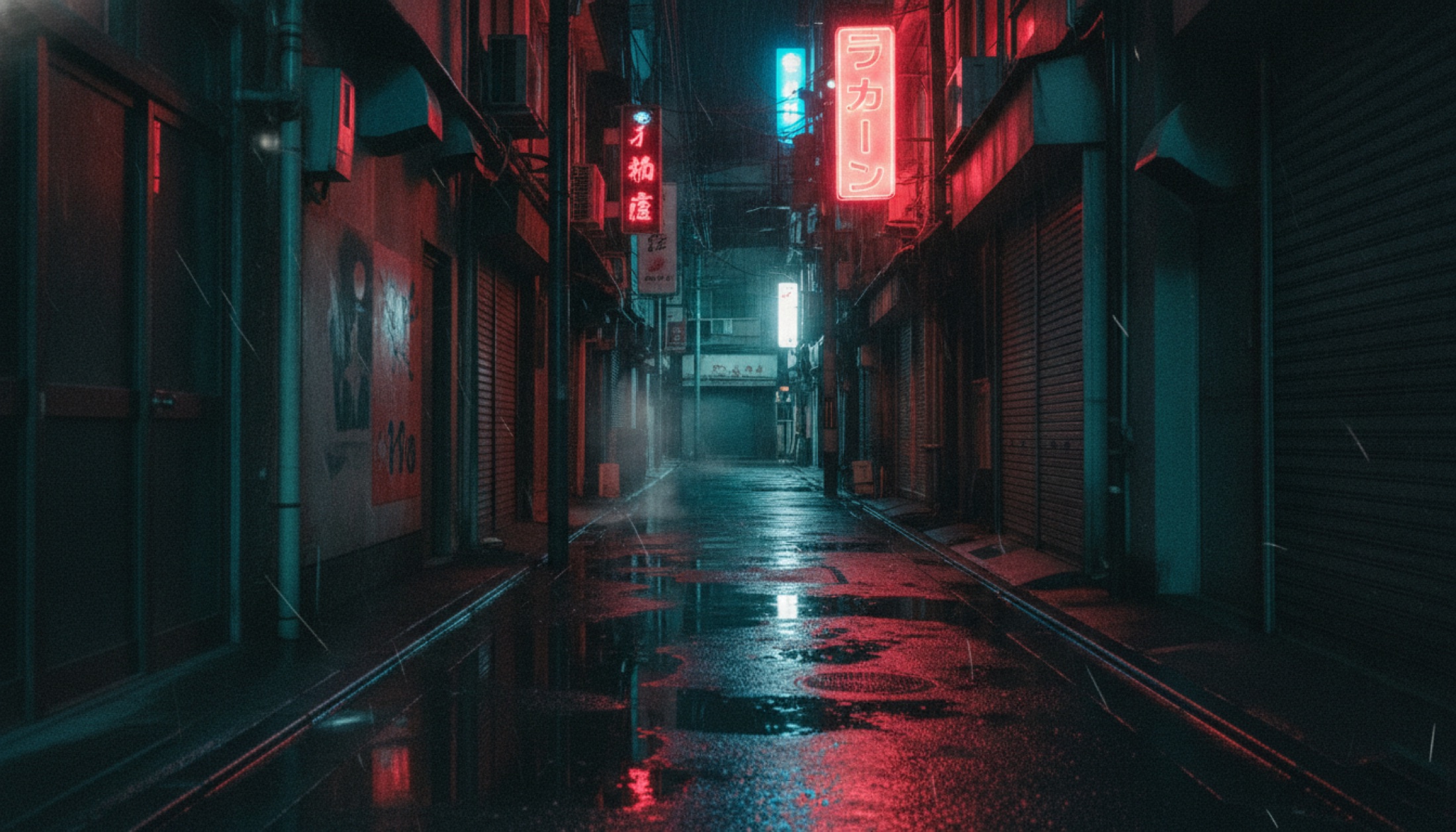 Yağmurlu bir Tokyo arka sokağı: ıslak zeminde yansıyan neon ışıkları