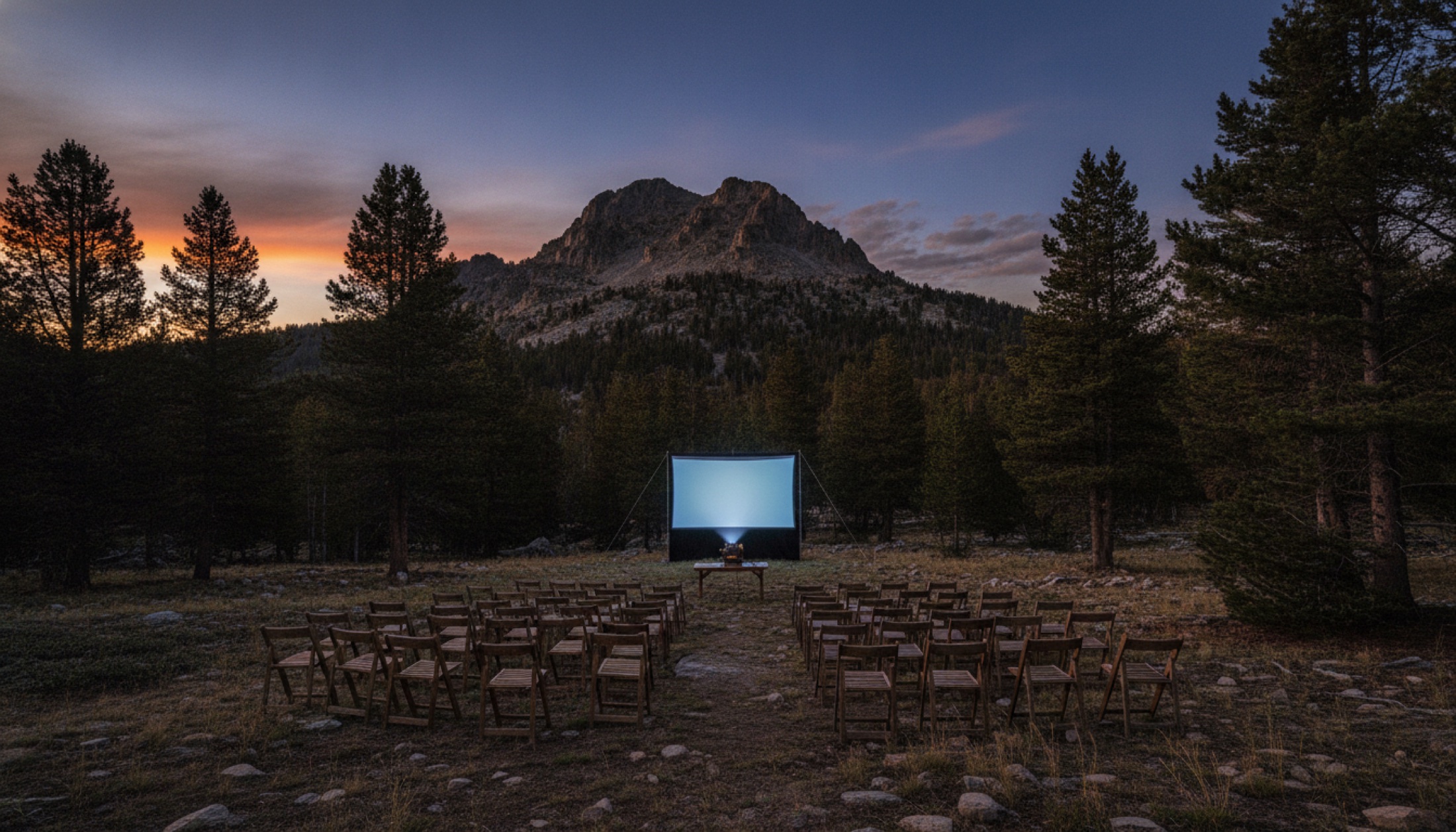 Colorado dağlarında akşam vakti açık hava film gösterimi, beyaz perde ve boş ahşap sandalyeler