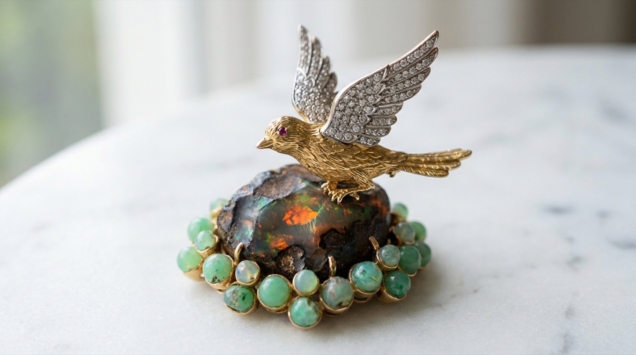 Tiffany Blue Book 2026 Hidden Garden, elmas kanatlı bir kuş figürü ile altında oturan boulder opal taşın makro detay çekimi, yeşil chrysoprase boncuklarla çerçevelenmiş