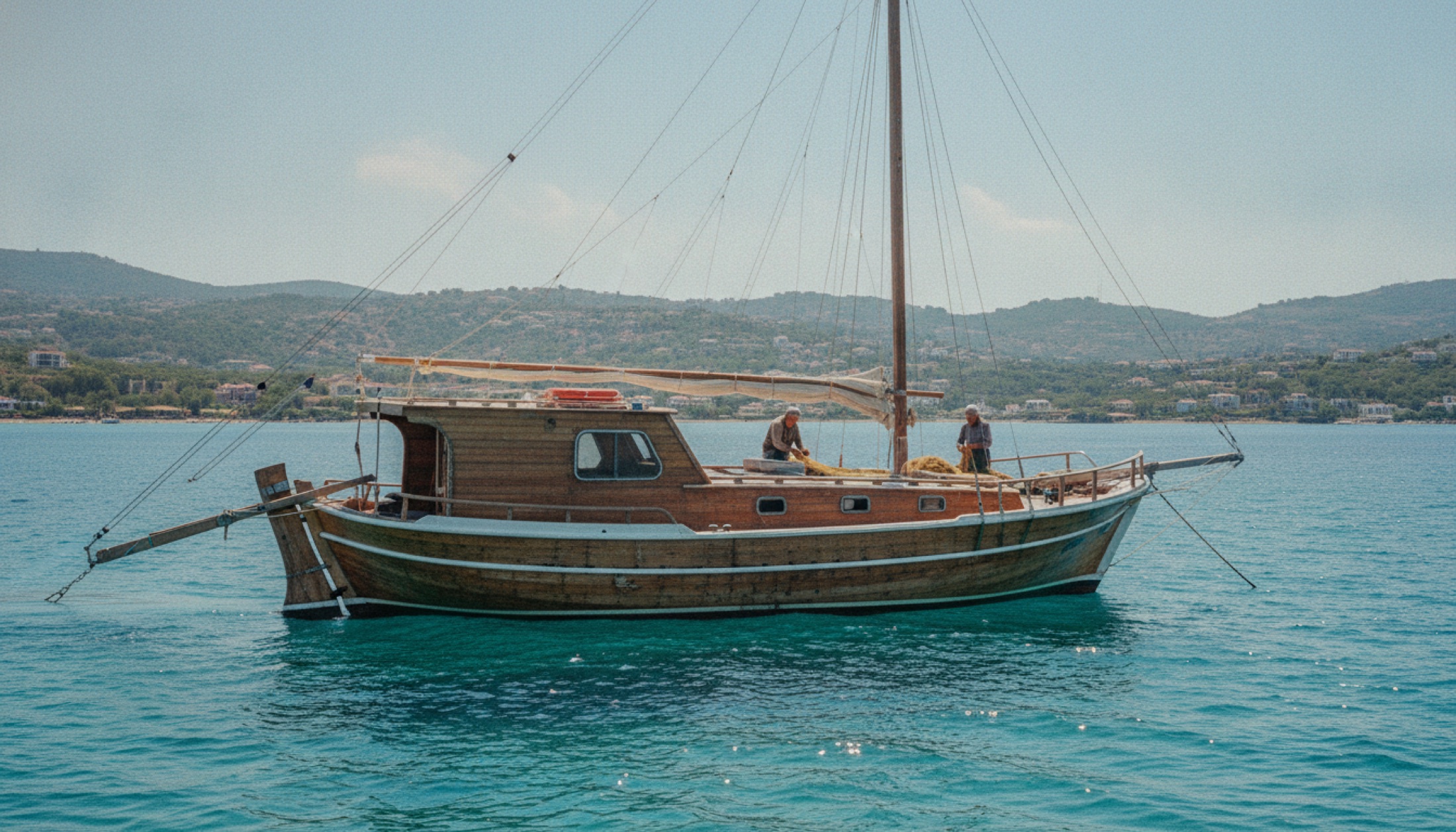 Bodrum kıyısında karaya çekilmiş geleneksel ahşap bir tirhandilin yan profili