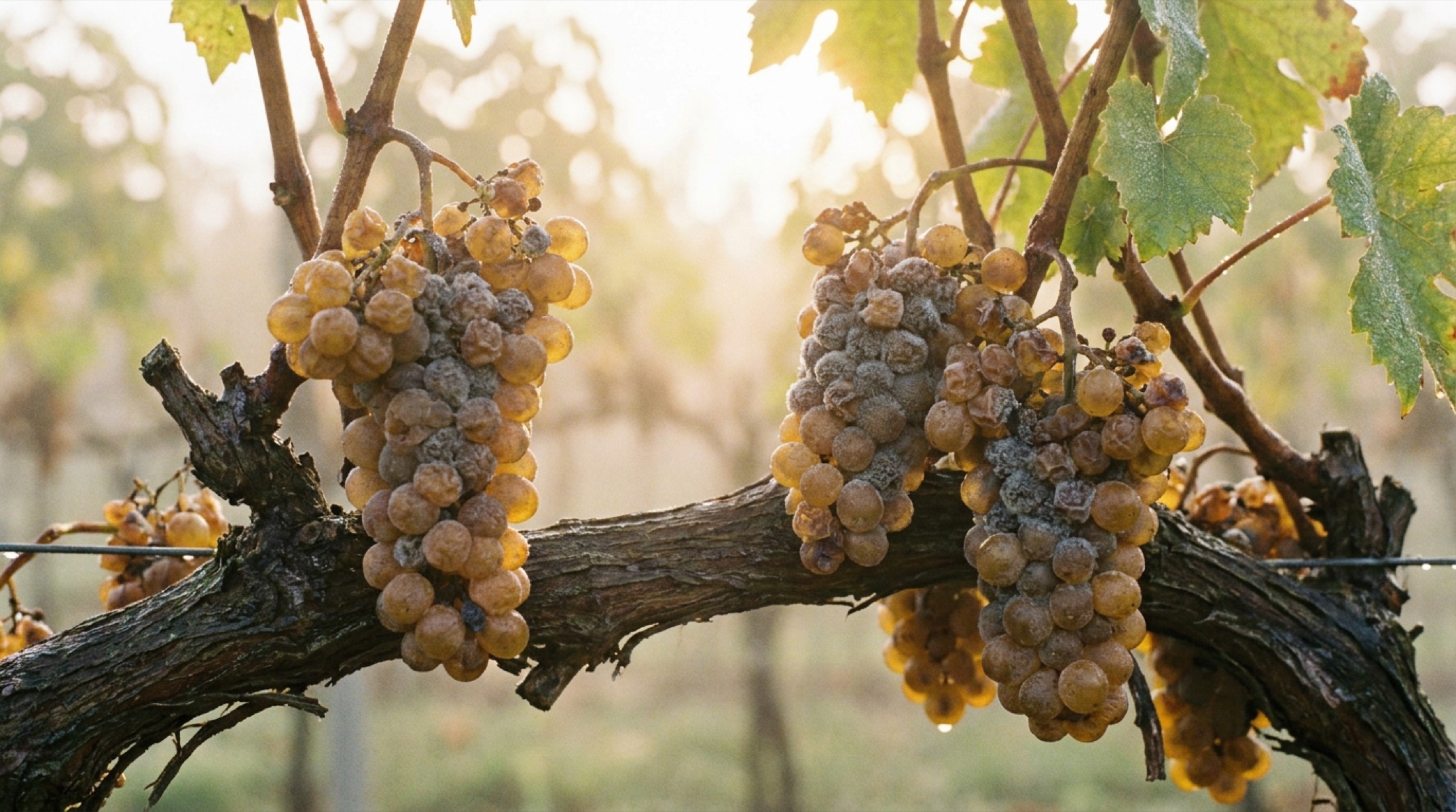 Macar Tokaj bölgesinde asılı Furmint üzümleri — botrytis çürüklüğünün altın dokusu
