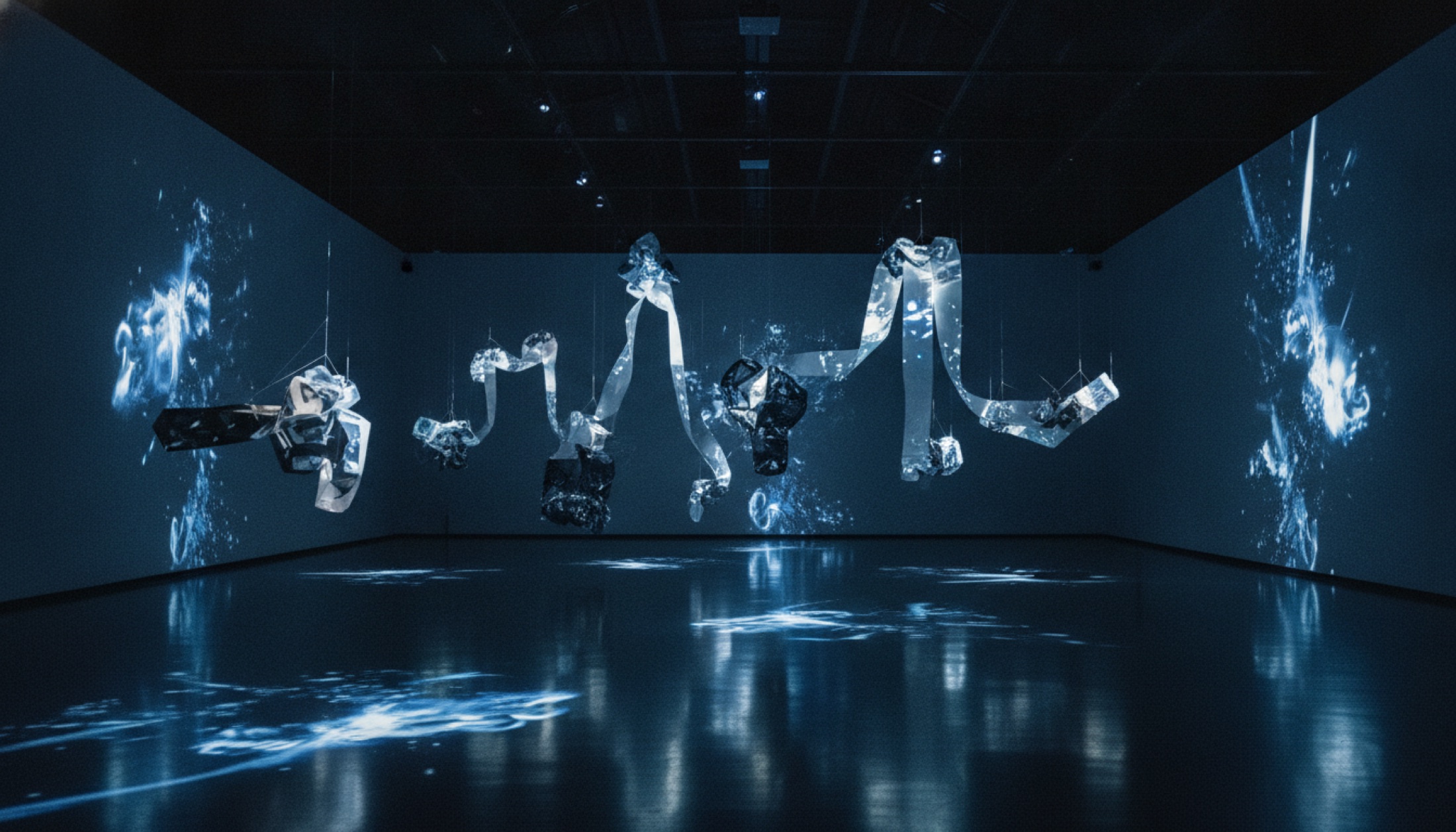 Tokyo Node'da Tony Oursler'ın 'Between Technology and Spiritual Knowledge' sergisinden kurulum sahnesi — yüksek tavandan sarkan formlara yansıtılan görüntüler