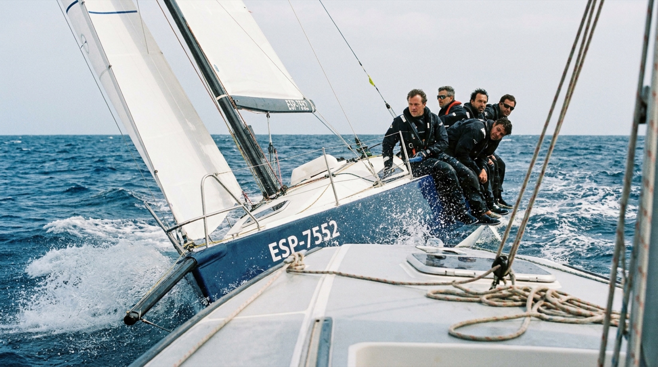 TP52 yarış teknesi Porto Cervo açıklarında yarış sırasında kuvvetli rüzgâra yatmış, mürettebat pruva tarafında asılı