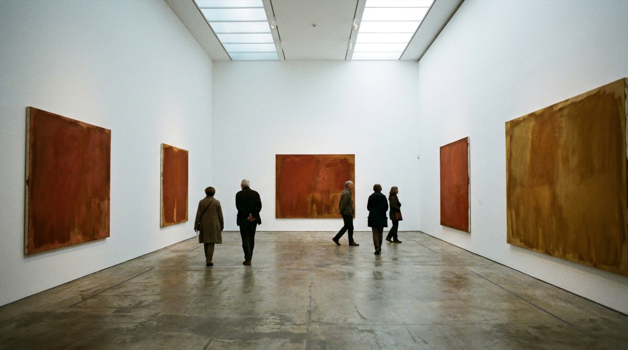 Tate Modern'in geniş galeri koridoru, büyük formatlı tuvallerle dolu; yüksek tavanlı beyaz mekânda seyirciler yavaş yavaş yürüyor