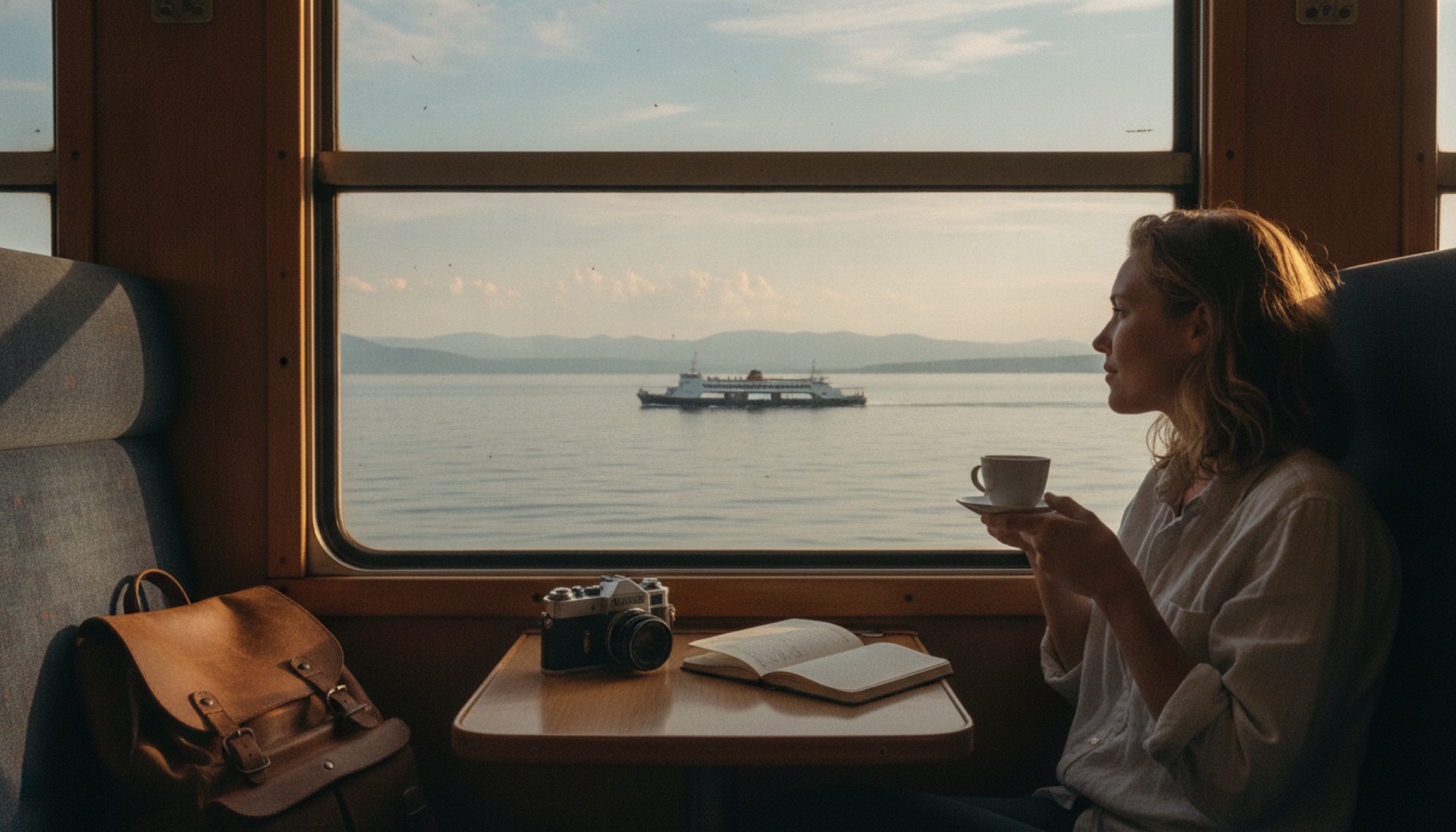 Pencereden kıyı şeridini izleyen bir tren yolcusu