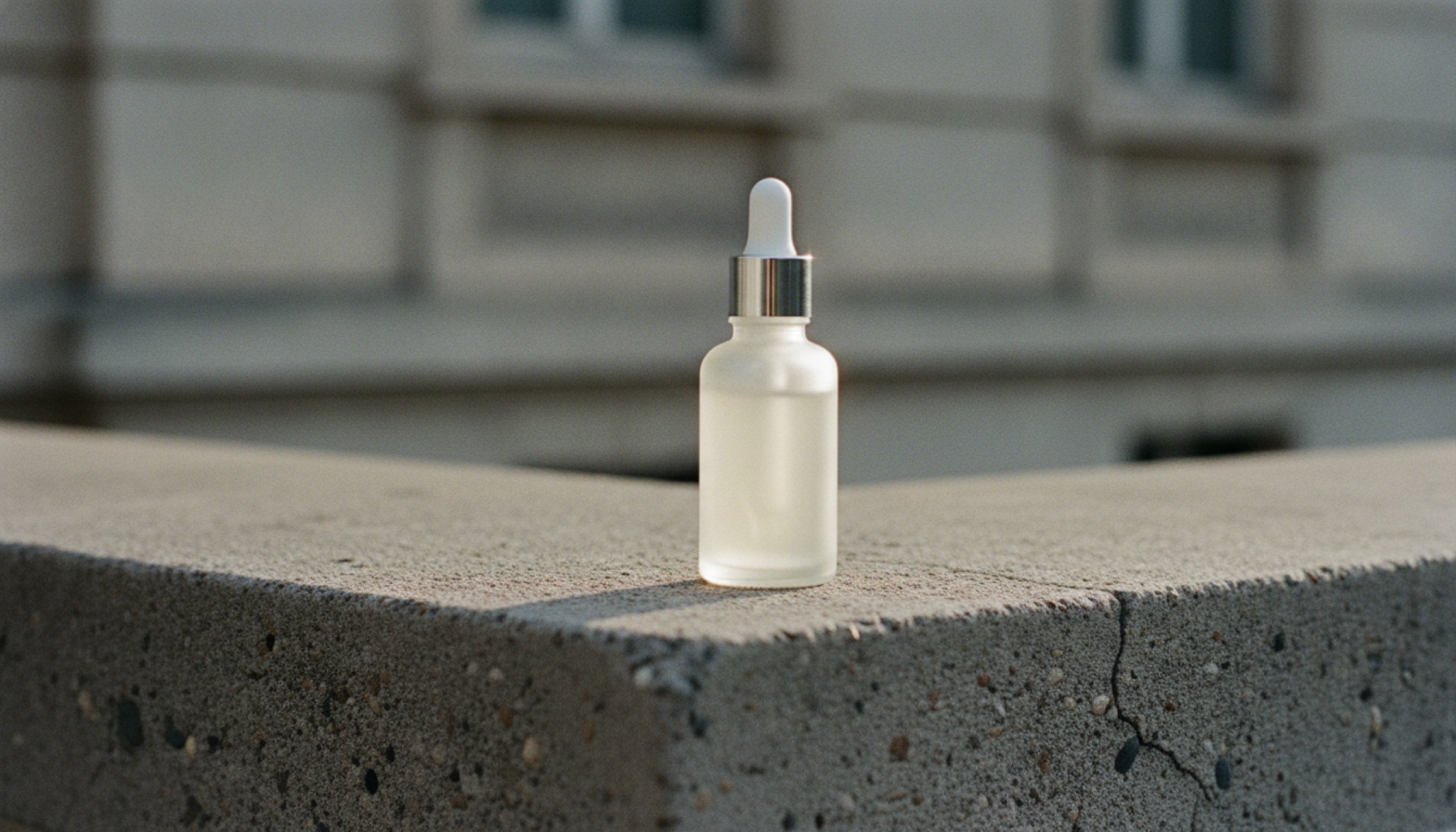 Kentsel doku üzerinde cam serum şişesi, sabah ışığında