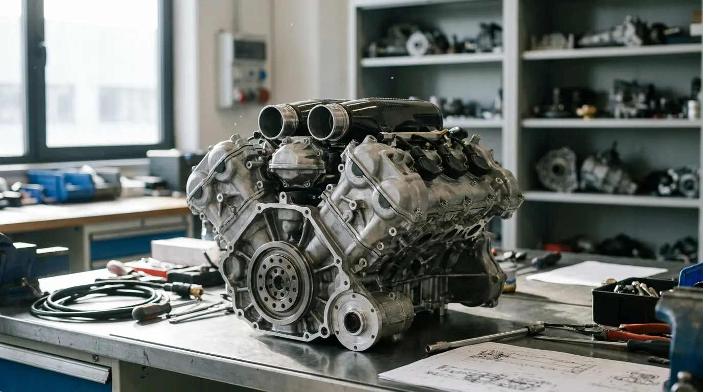 Ferrari'nin yeni V6 hibrit motorunun, kırmızı vurgularla işlenmiş detaylı kesit çizimi.