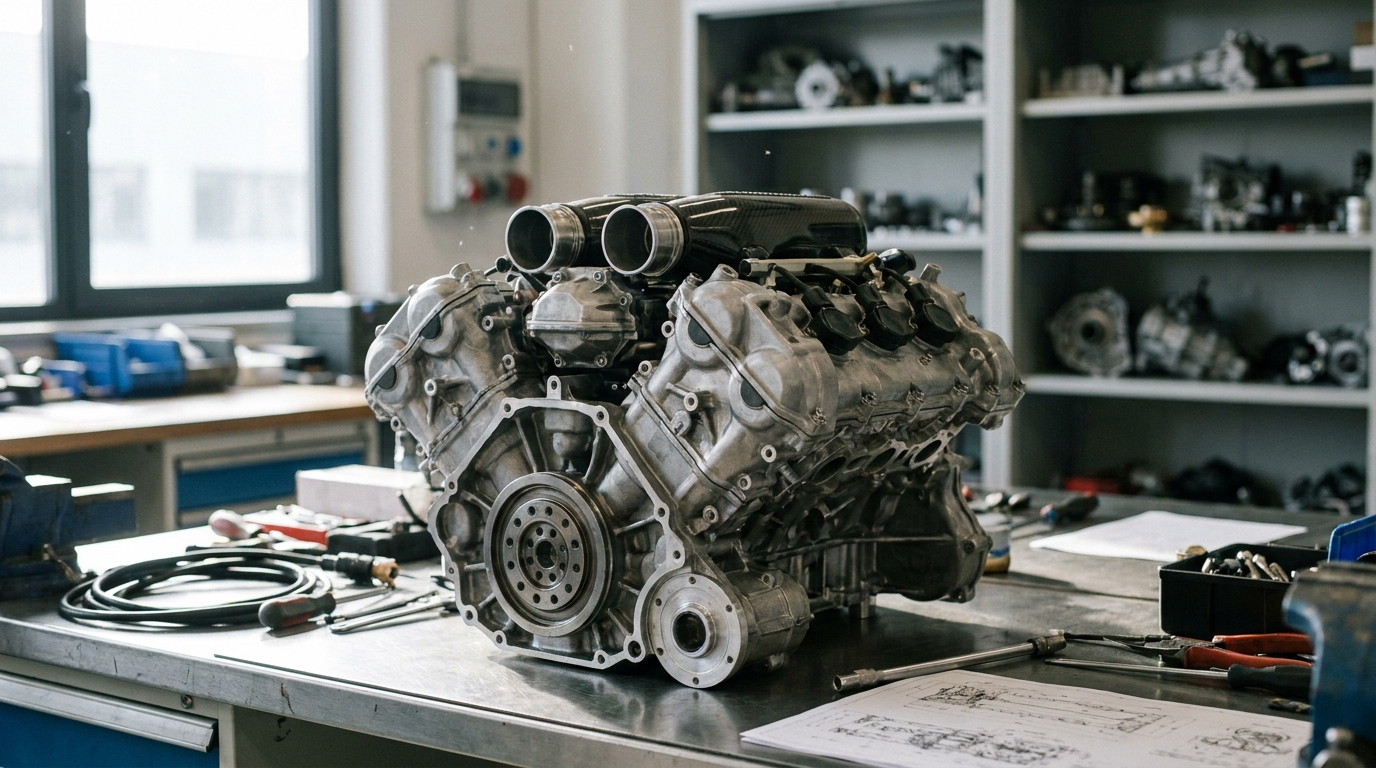 Ferrari'nin yeni V6 hibrit motorunun, kırmızı vurgularla işlenmiş detaylı kesit çizimi.