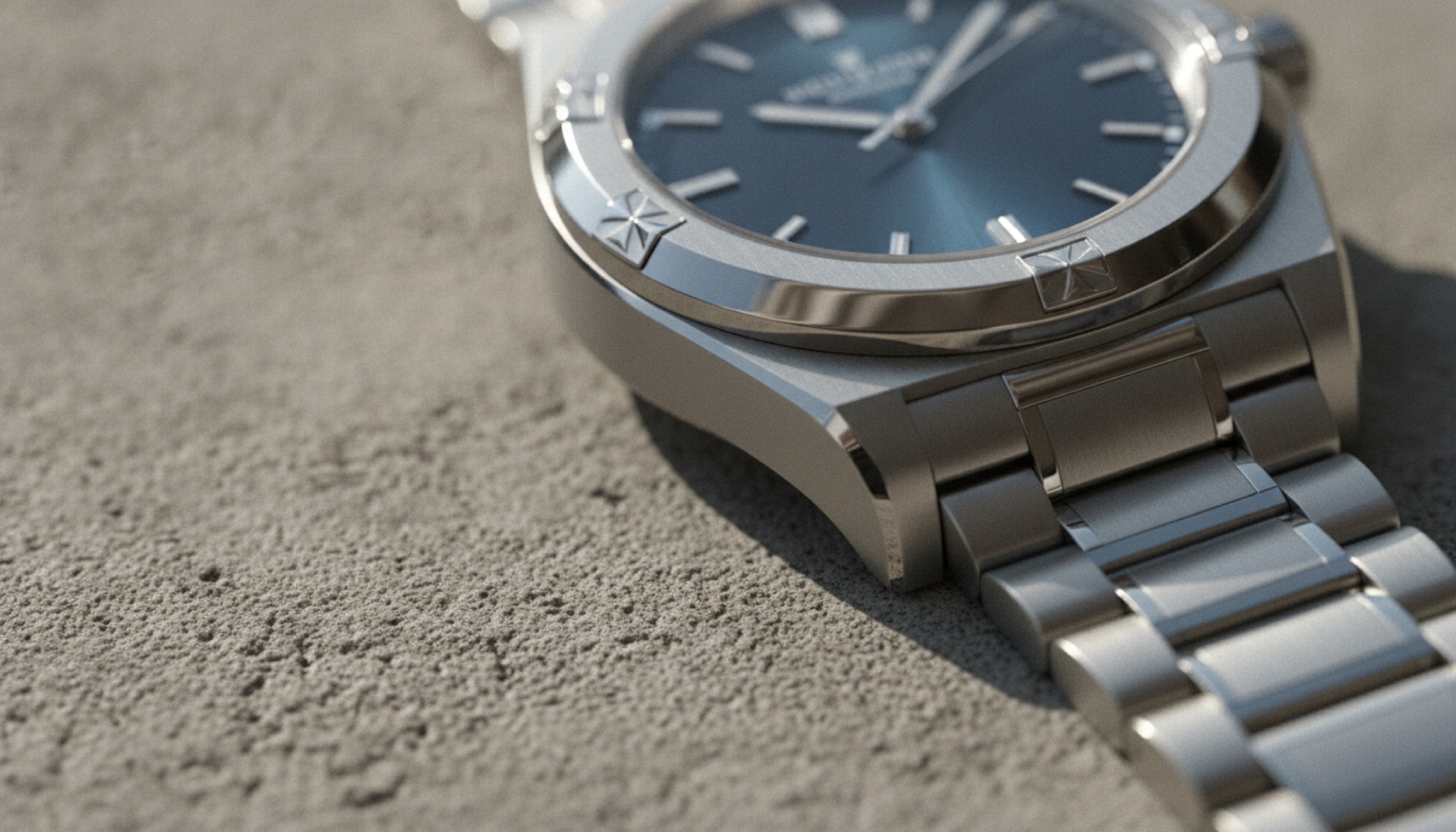 Titanyum kasalı Vacheron Constantin Overseas'in mat antrasite bezel ve bilezik dokusunu gösteren yakın plan fotoğraf