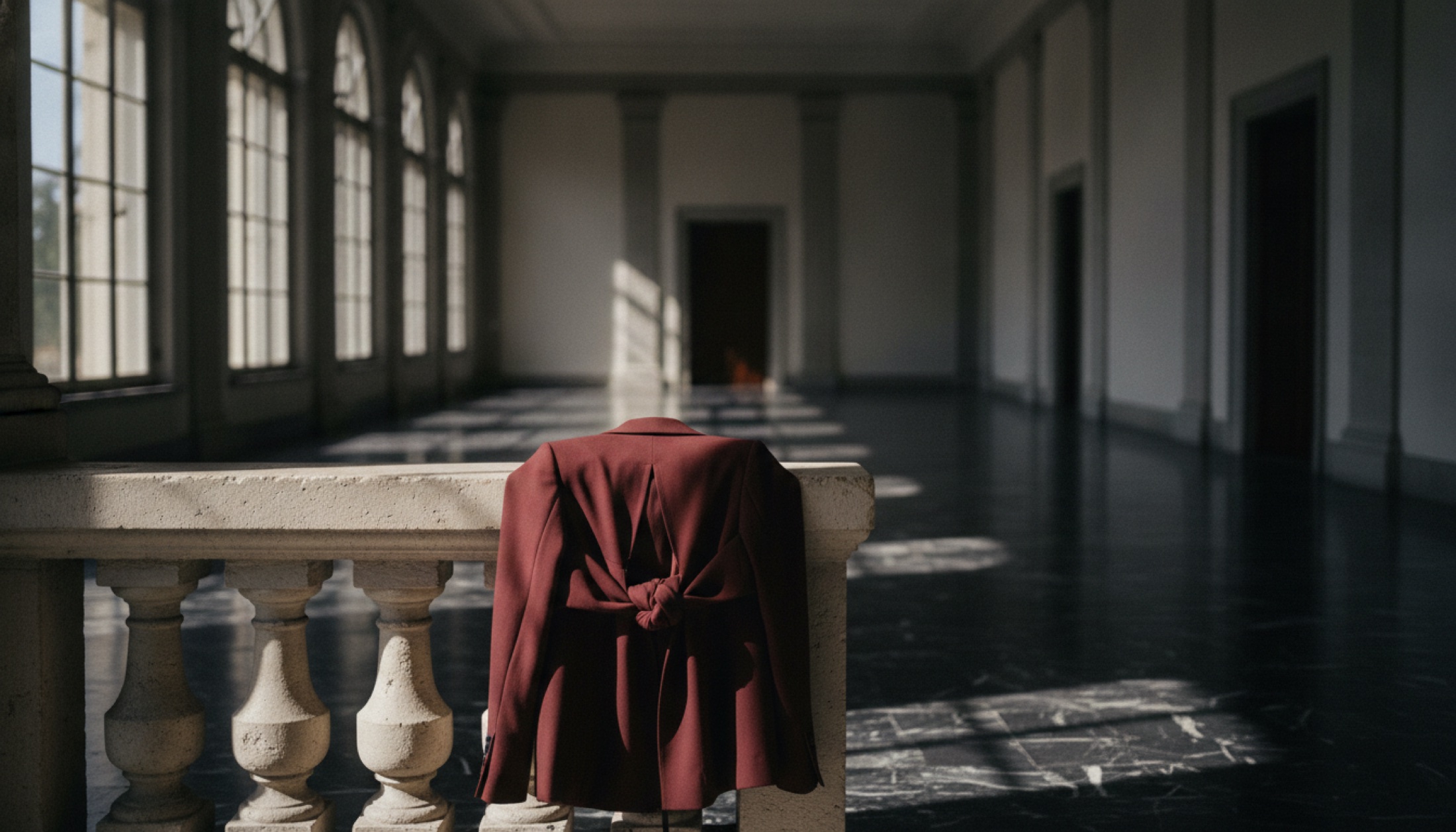 Palazzo Barberini'nin mermer koridorunda düğümlü ceket detayı, 'Interferenze' koleksiyonu