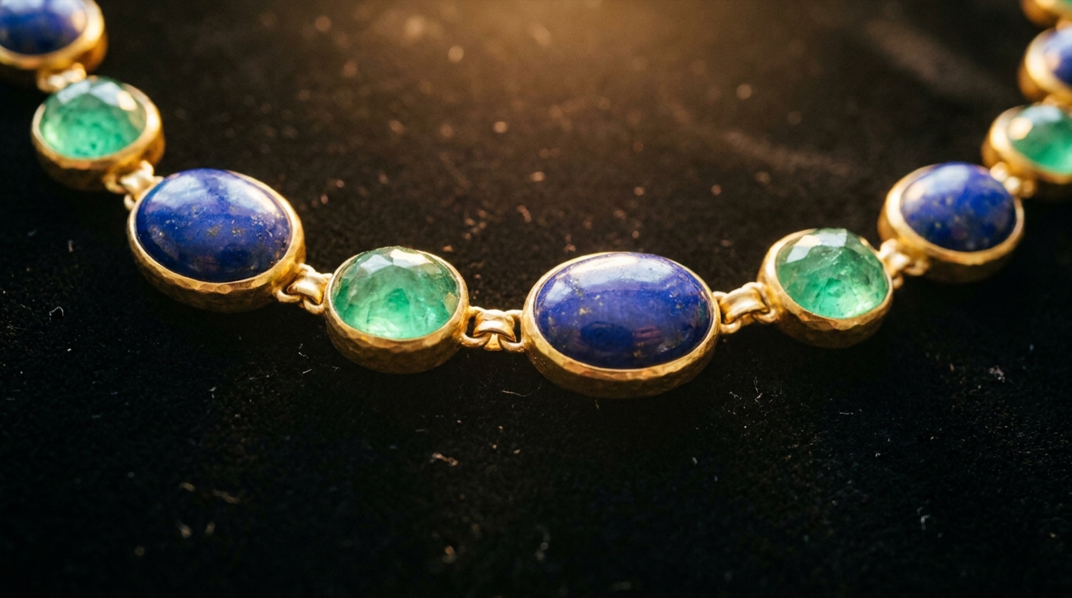 Van Cleef & Arpels Fascinating Egypt koleksiyonundan bir kolyenin detayı, sugarloaf zümrütler ve lapis lazuli kakma, altın zemin üzerinde makro çekim