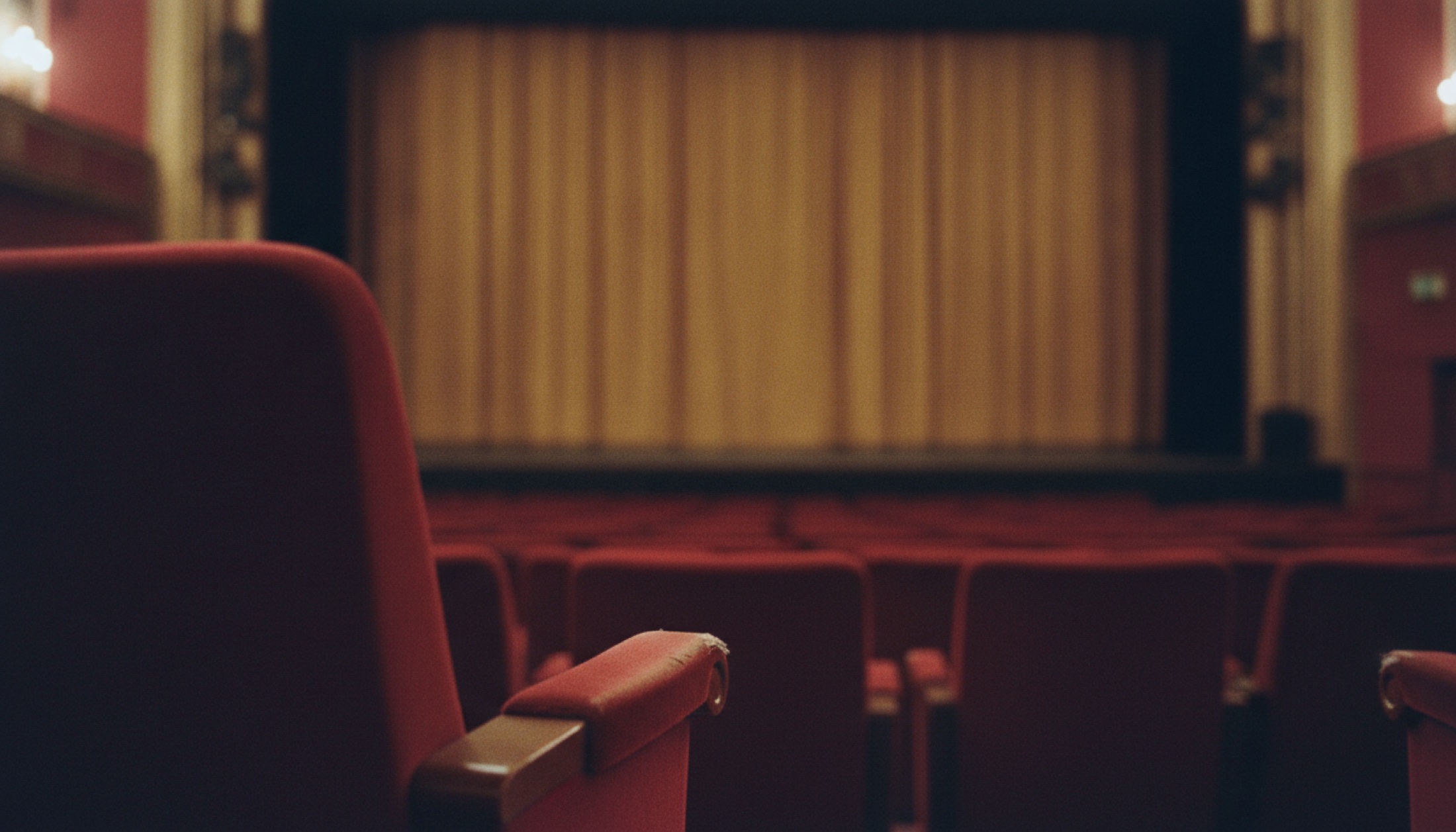Kadife koltuklu sinema salonu, altın perde, Venedik festival atmosferi