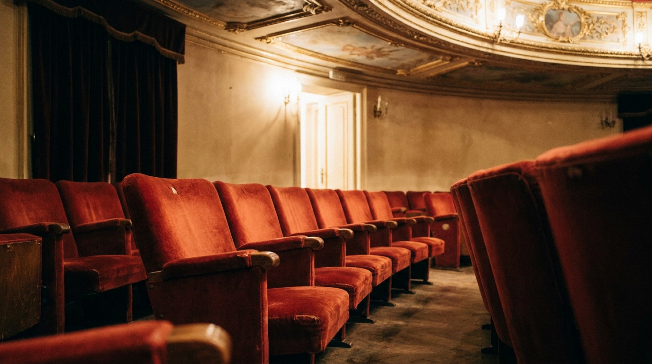 Avrupa'nın eski büyük sinema salonunda kırmızı kadife koltuklar ve süslü tavan