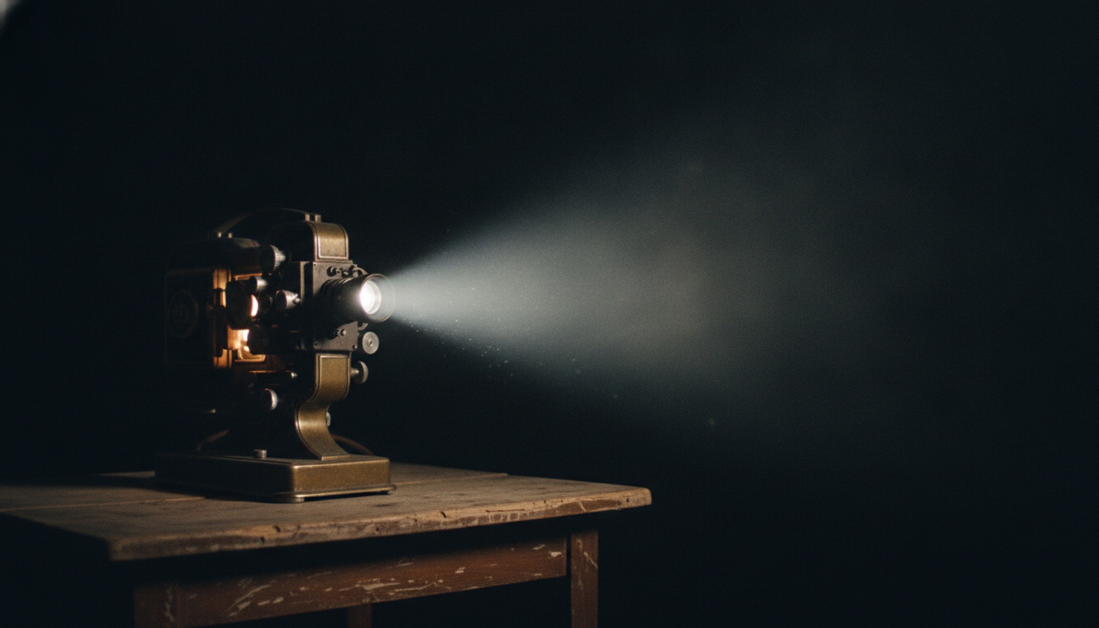 Karanlık odada ışık huzmesi yayan 35mm film projektörü