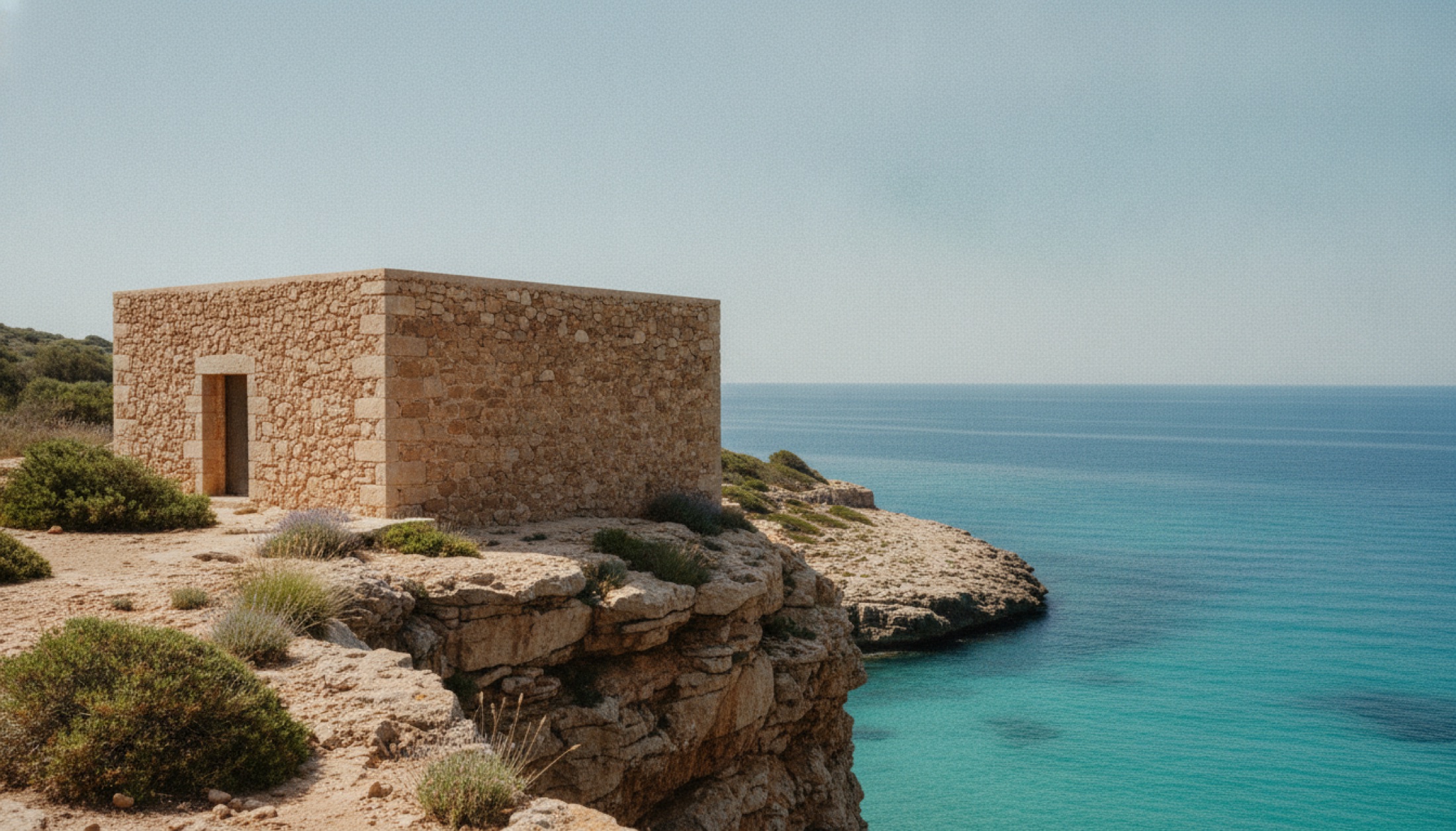 Formentera'da Cala Saona kıyısına bakan taş mimarili yapı, Marià Castelló tasarımı