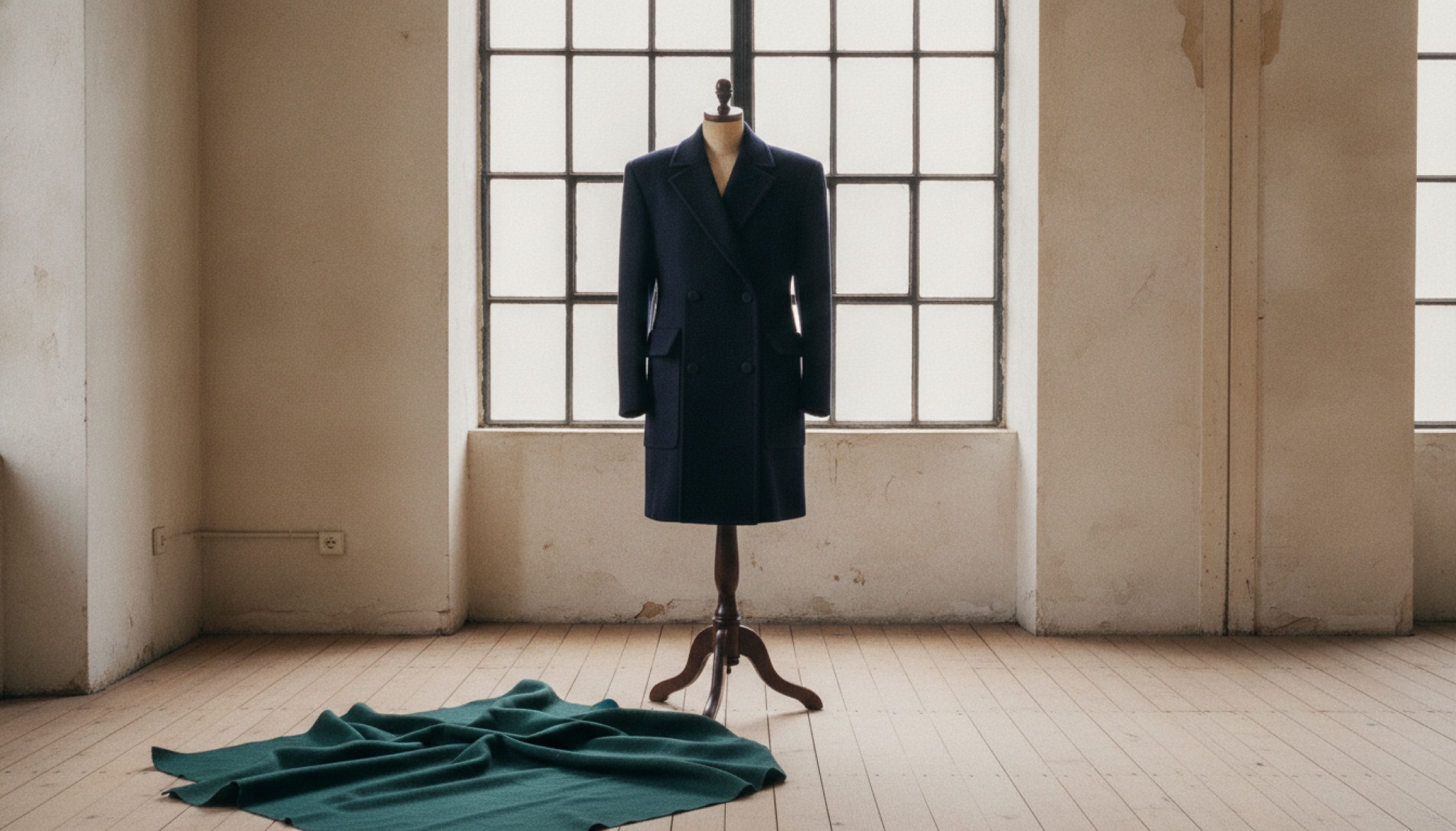 Paris atölyesinde lacivert yün palto, Victoria Beckham FW26 Tamara de Lempicka koleksiyonu