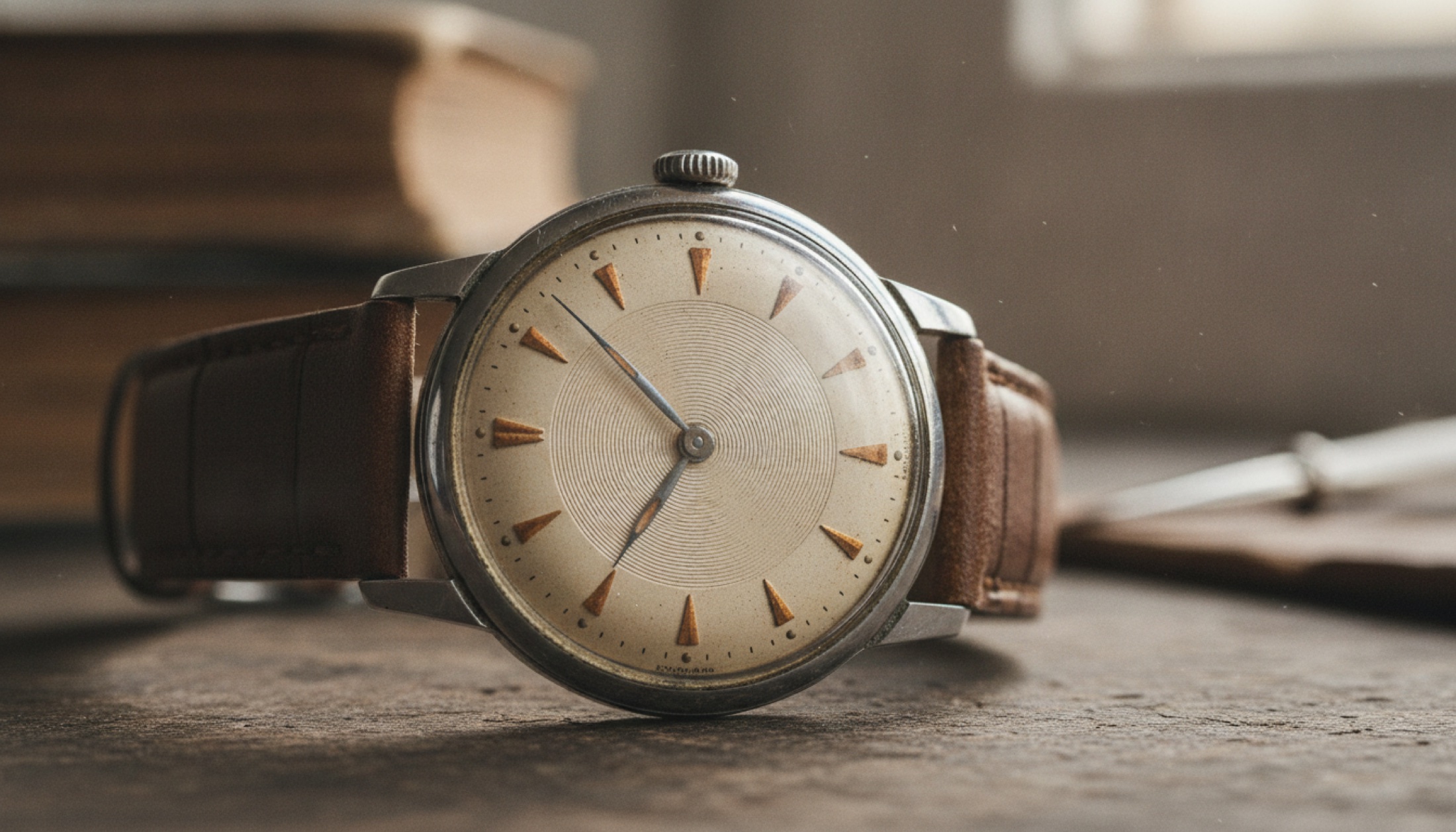 Yaşlanmış kadranlı bir vintage kol saati, çıplak masa üzerinde yakın çekim