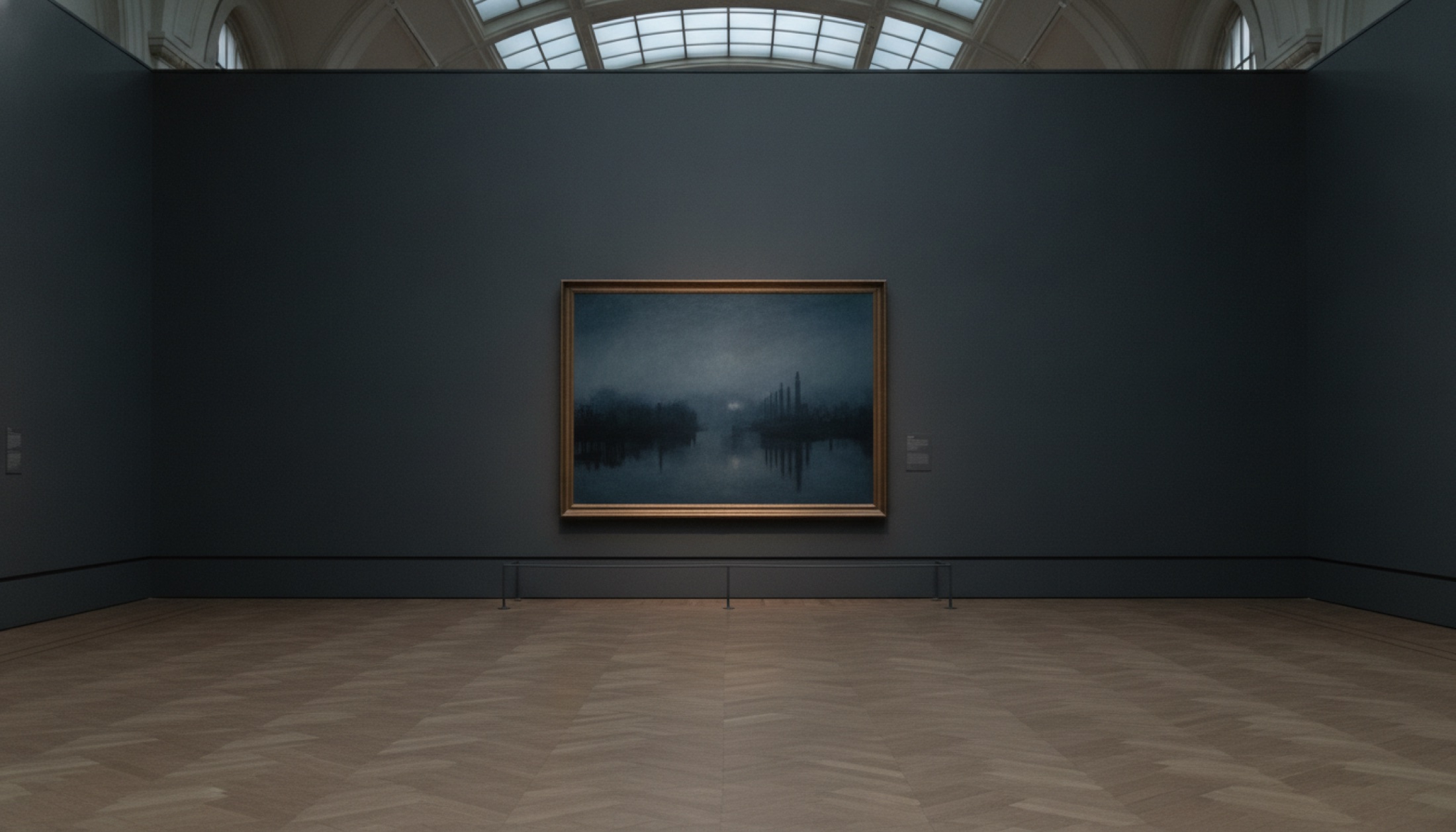 Karanlık galeri duvarında Thames Nocturne'lerini andıran mavi-gümüş tonlu bir tablo