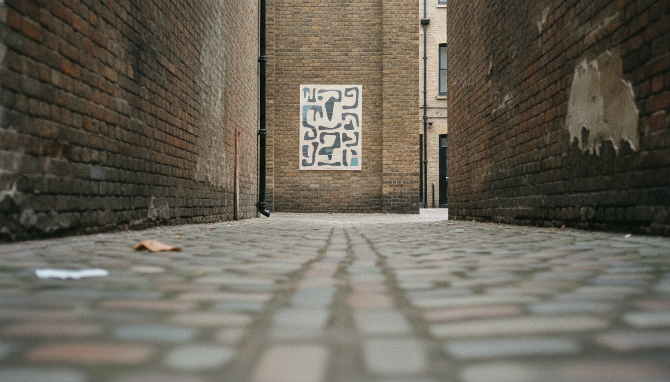Doğu Londra'nın tuğla duvarları ve dar sokağı, mahalle sanat festivalinin afişiyle
