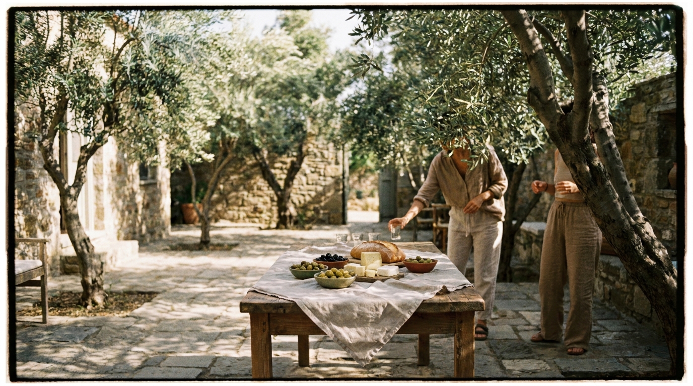Bir taş ev pansiyonun avlusunda, keten örtülü bir masa, üstünde zeytin ve peynir tabağı, arkada rüzgârda salınan zeytin ağaçları.