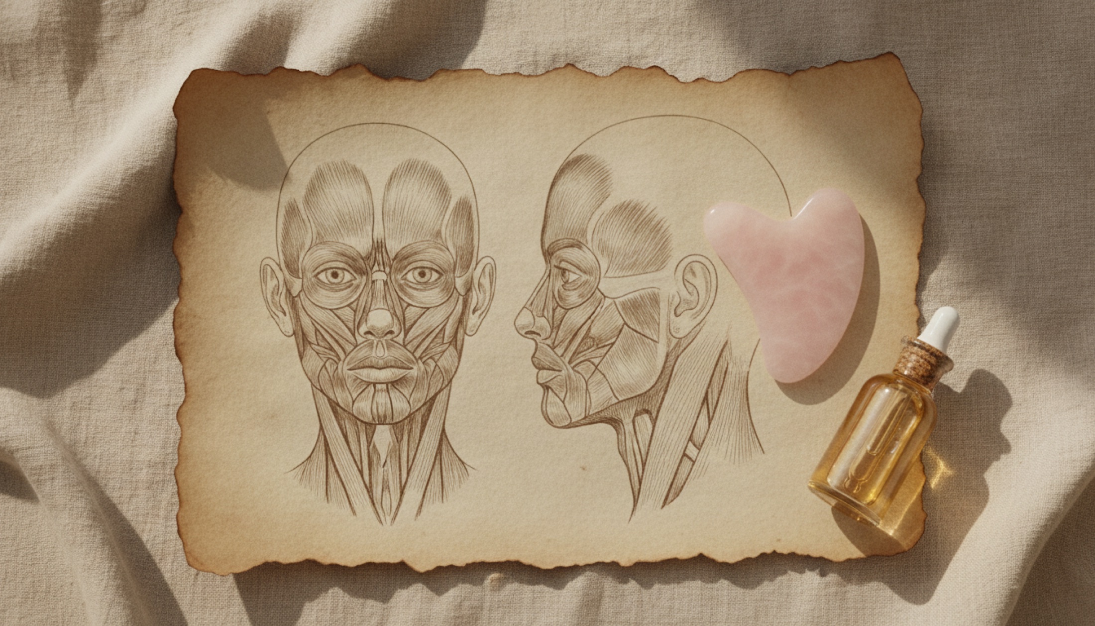 Yüz fasyası anatomik çizimi, gua sha taşı ve cam damlalıklı şişe, keten kumaş üzerinde