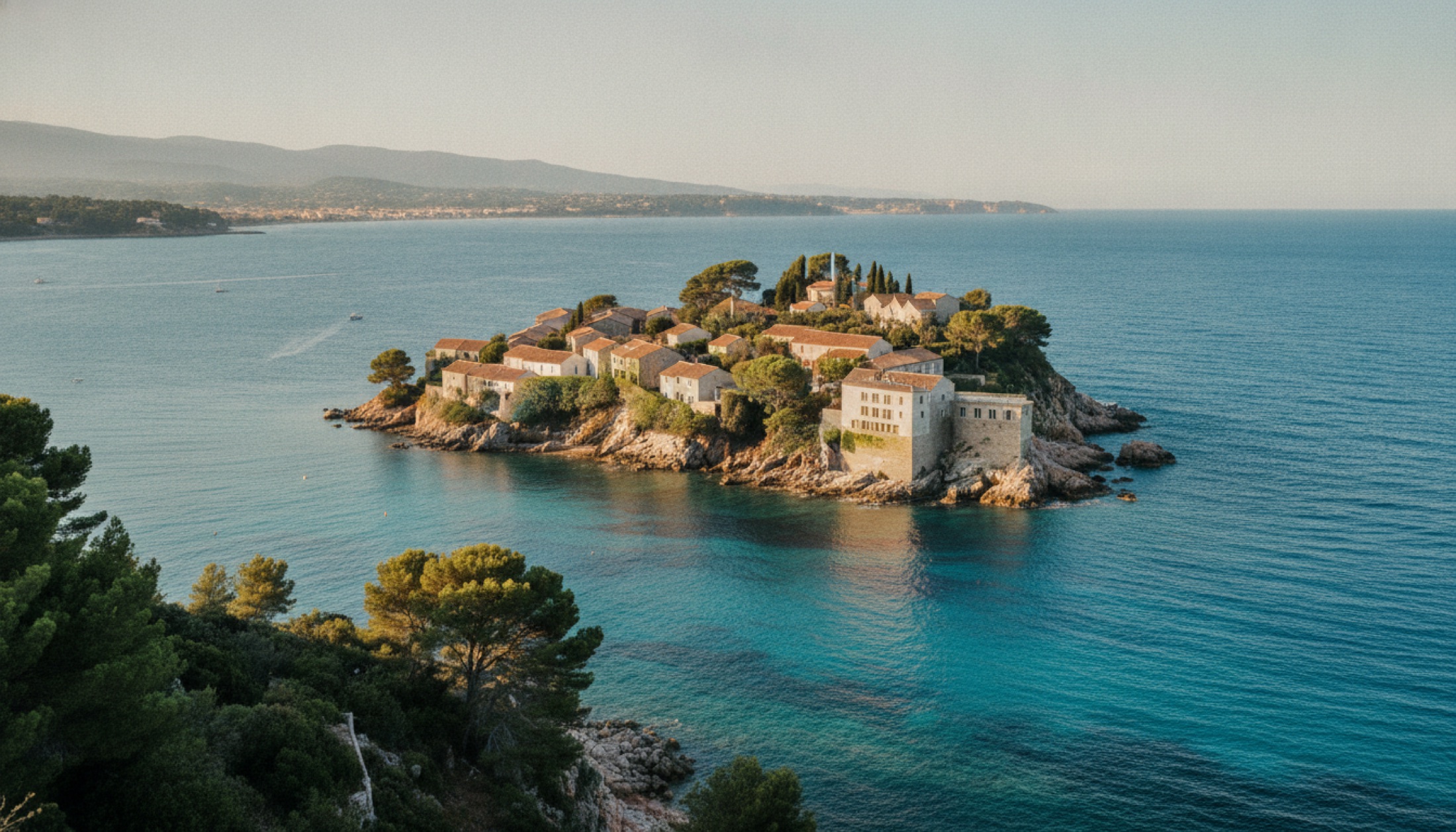 Fransız Rivierası açıklarında çam ağaçları arasına yerleşmiş, beyaz ve kiremit renkli binalı Île de Bendor adası